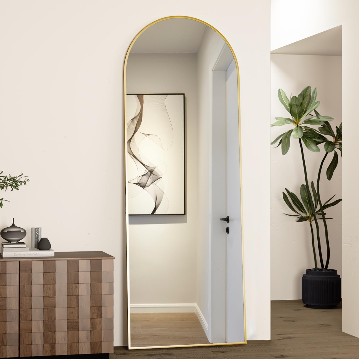 Detalle de NEUWEABY 64" x 21" Arched Full-Length Mirror with Stand, Gold Metal Frame