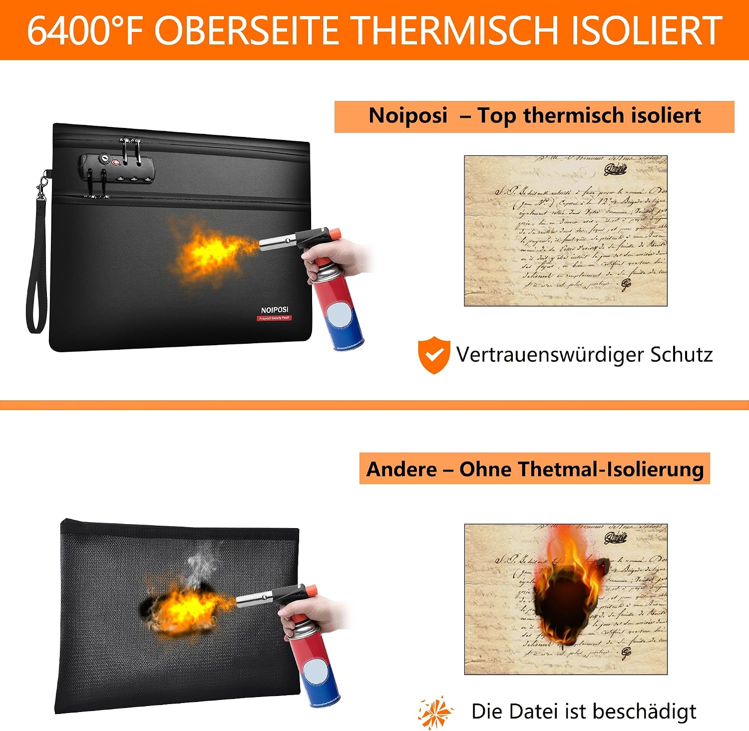 Thumbnail 2 de Noiposi 6400℉ Feuerfeste Dokumententasche mit Schloss – 12‑lagige Wärmedämmung, 36x26 cm