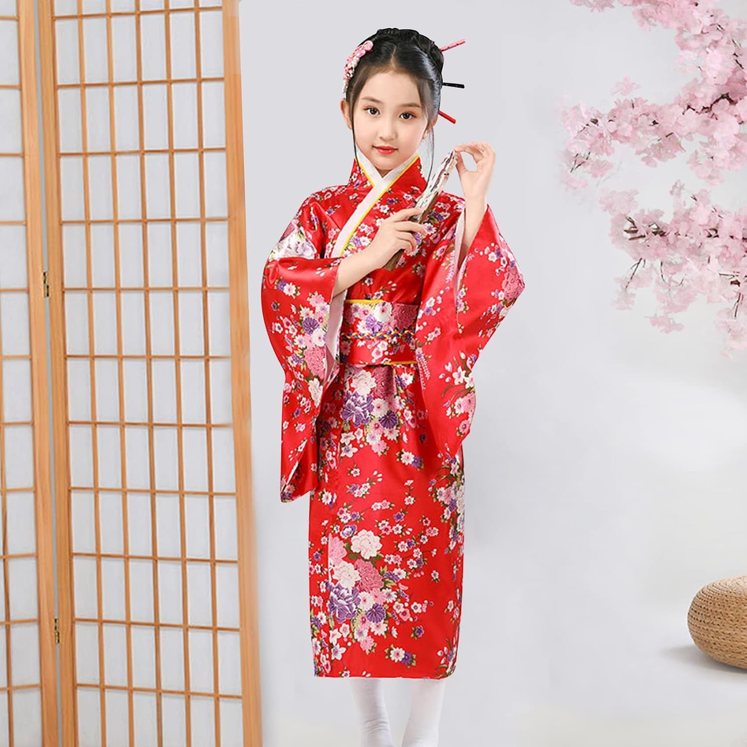 Thumbnail 5 de KRUIHAN Japanse kimono voor meisjes, satijnen yukata met waaier en tabi-sokken