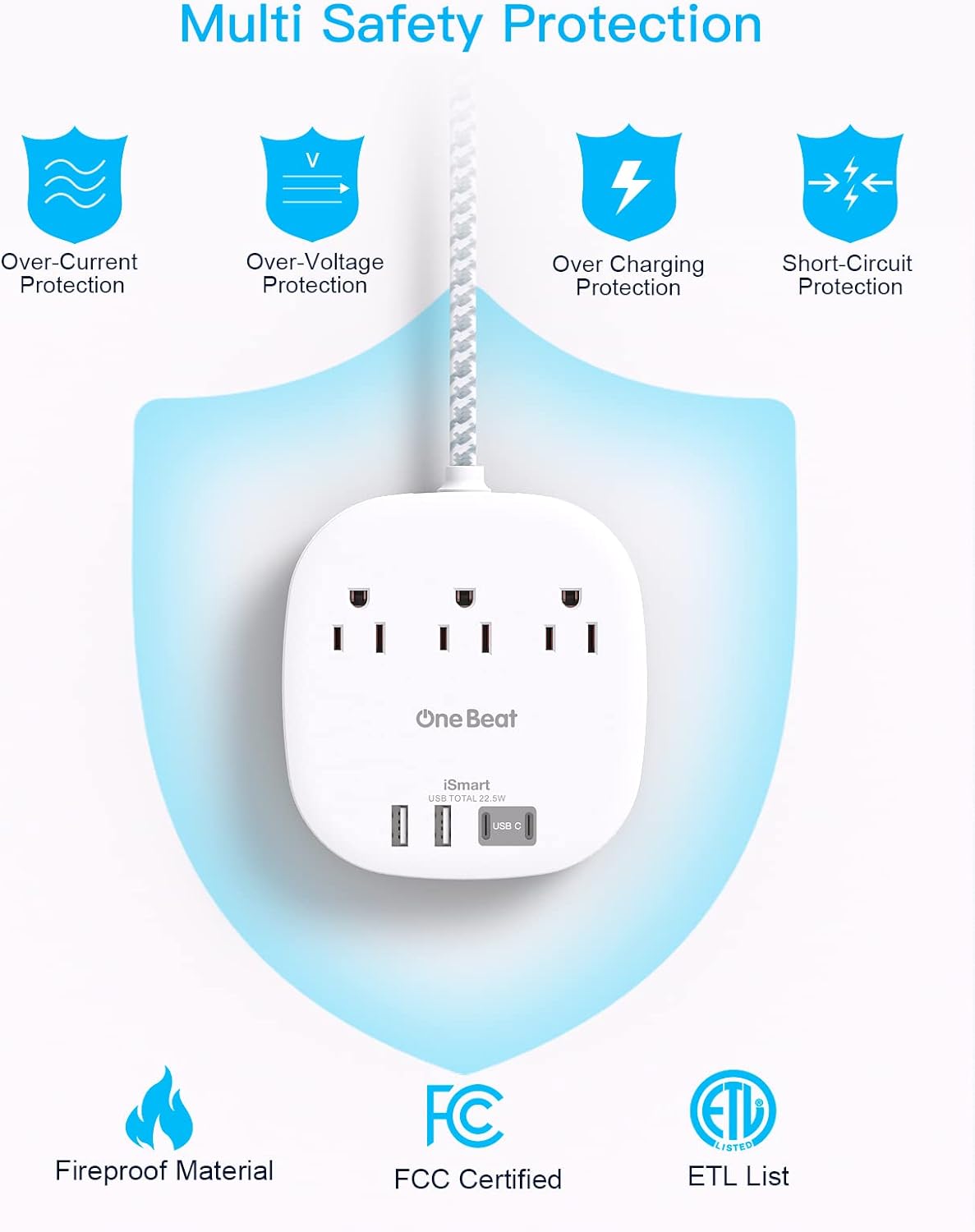 Thumbnail 6 de One Beat Flat Plug Power Strip (6ft Ultra Flat Extension Cord) with 3 Outlets and 4 USB Ports, Desktop Charging Station