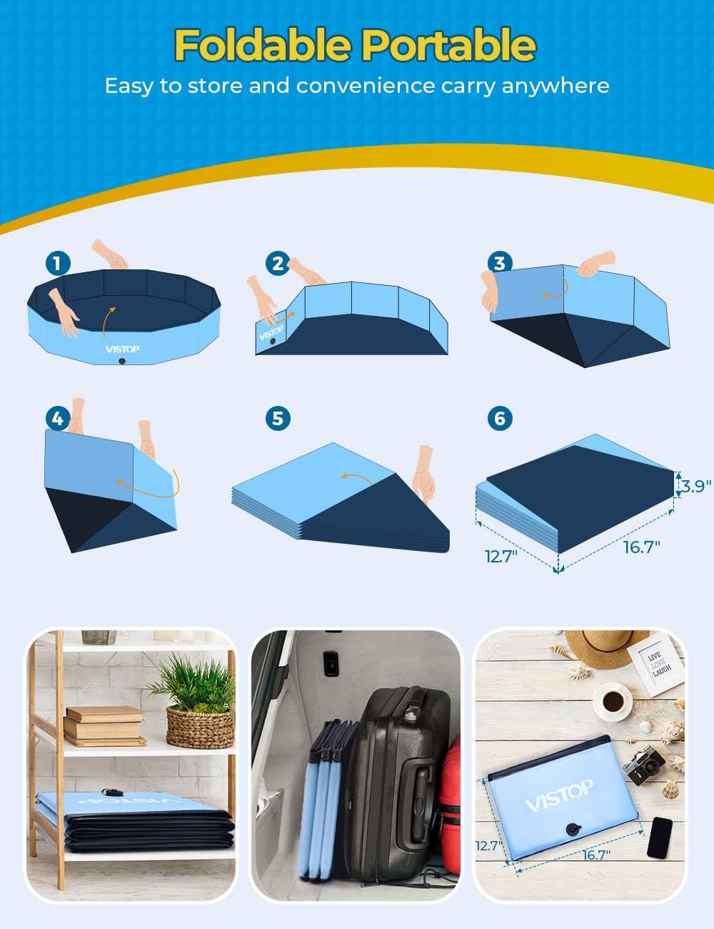 Thumbnail 5 de VISTOP Extra Large Foldable Dog Pool XXL (67in D x 11.8in H) Hard Plastic Shell Portable Pet & Kiddie Bathing Tub