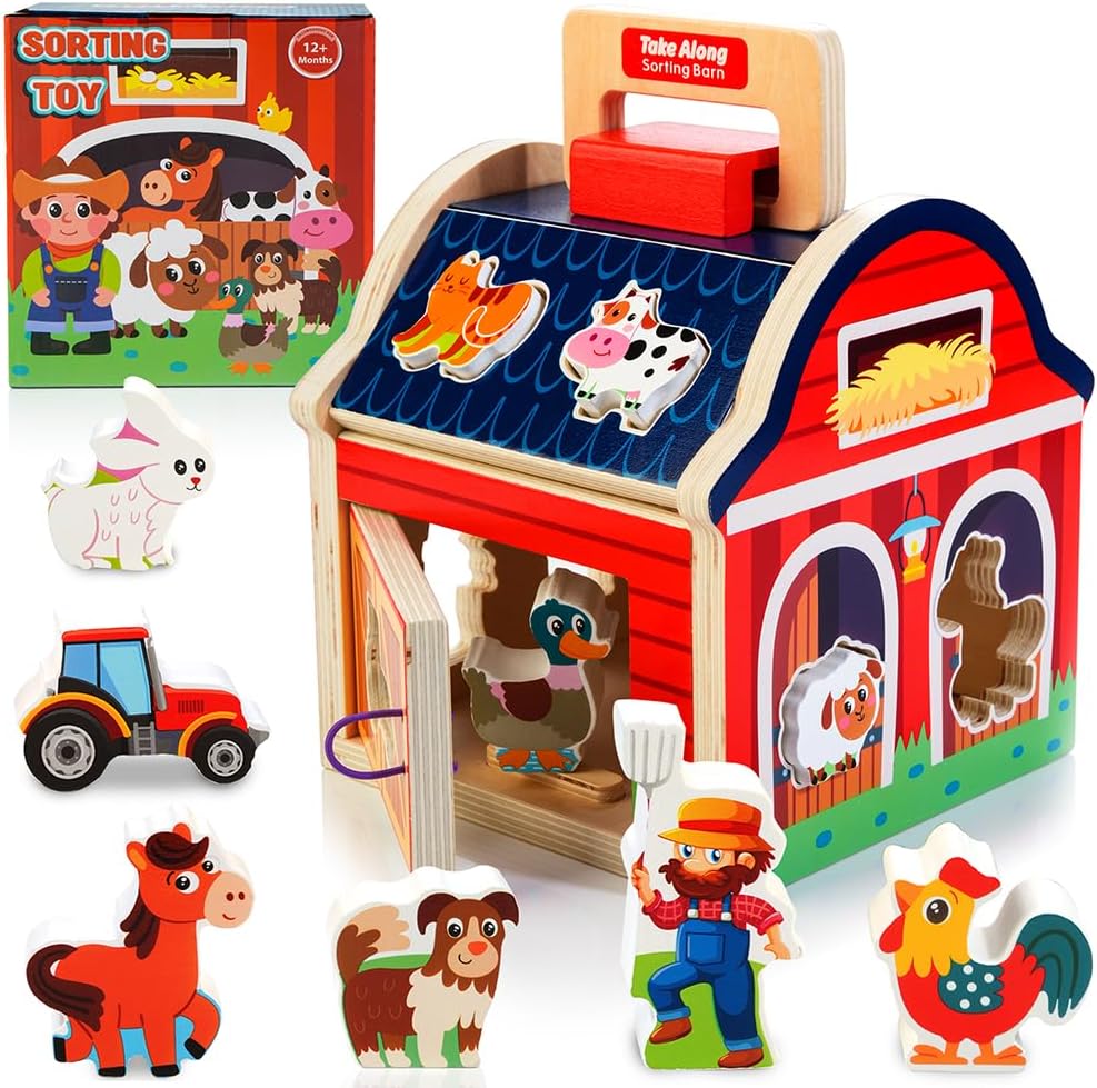 Detalle de Montessori Wooden Farm Animals Shape Sorter for 1–3 Year Olds