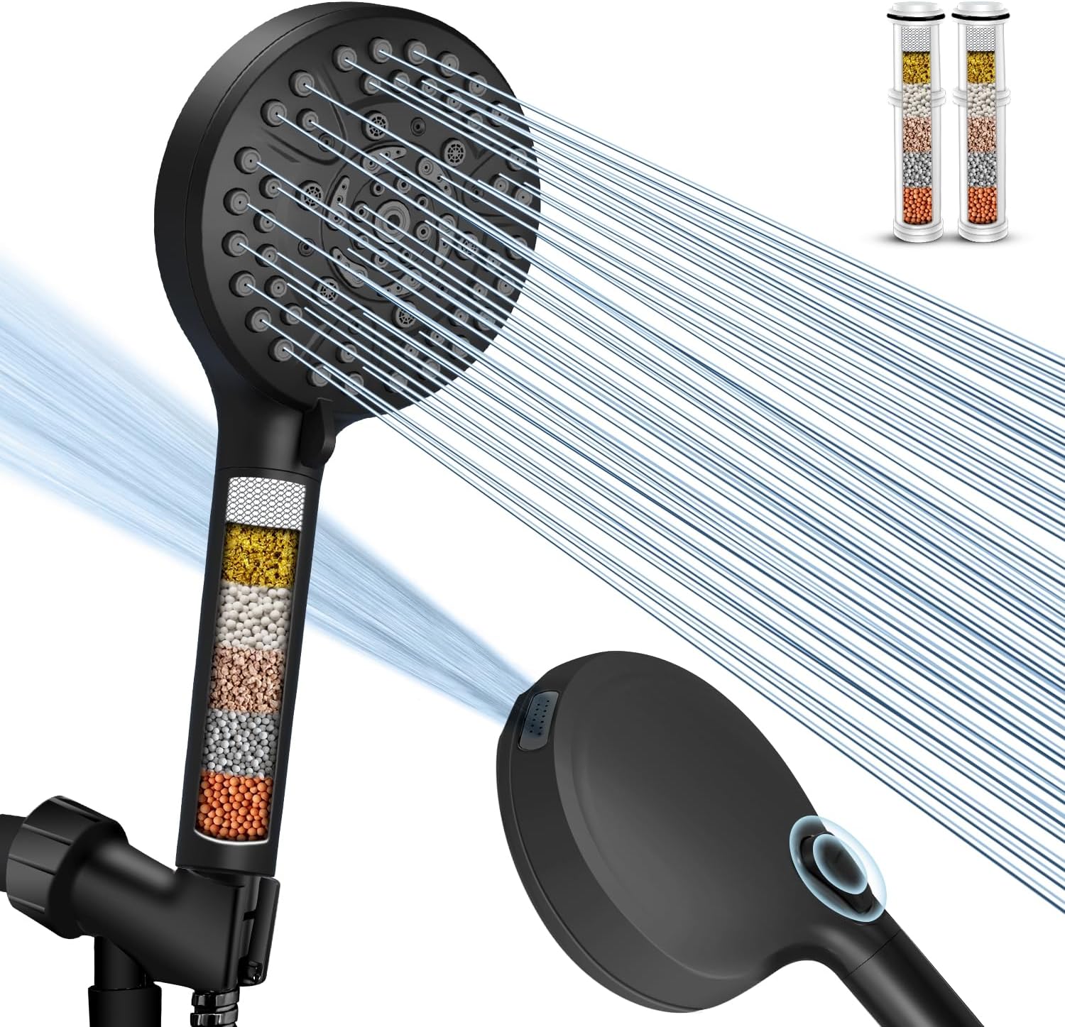 Detalle de PALAS S100 Filtered Handheld Shower Head, Matte Black, 10 Spray Modes