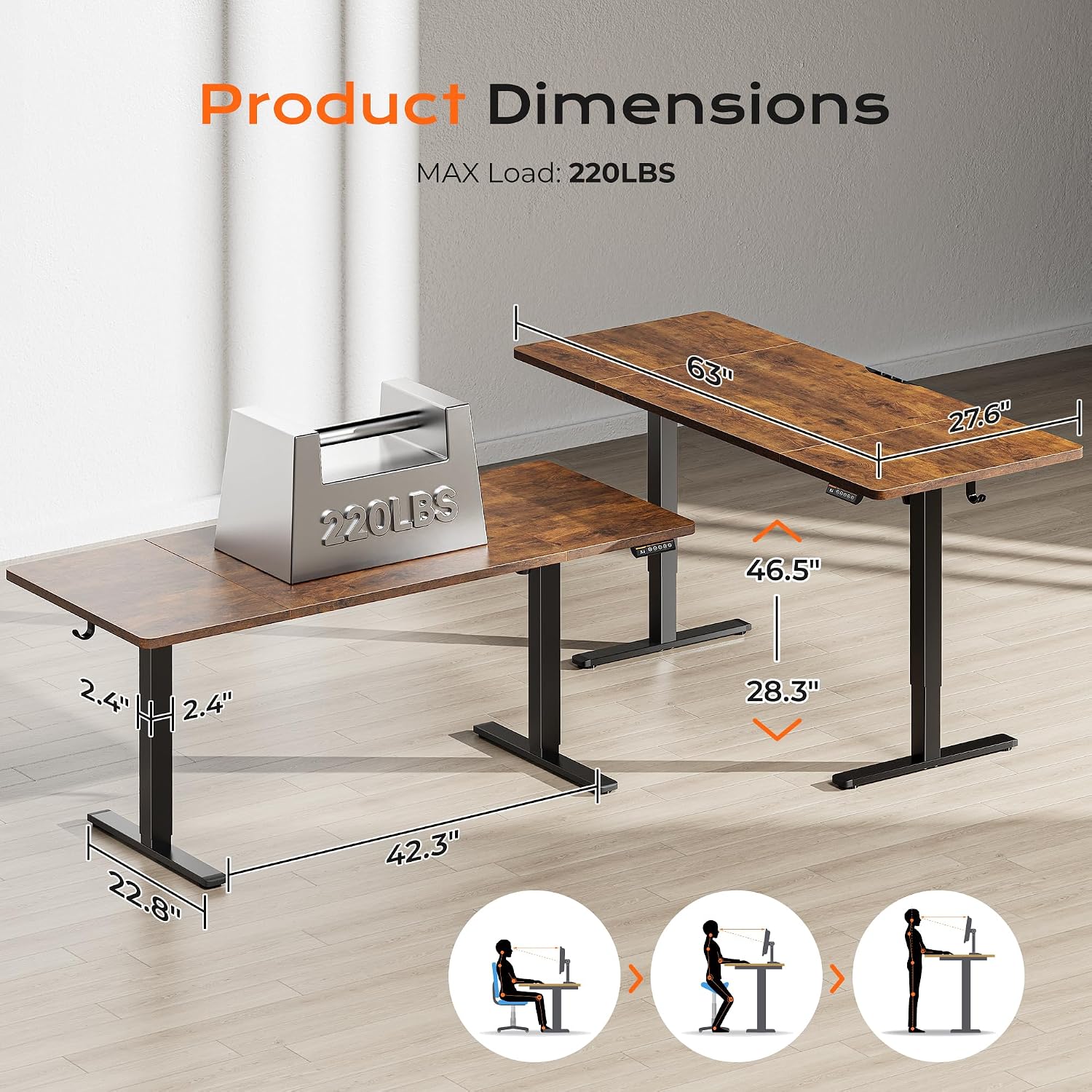 Detalle 2 de Huuger 63 x 28 Large Electric Standing Desk with 3 Preset Heights and LED Keypad (Rustic Brown)