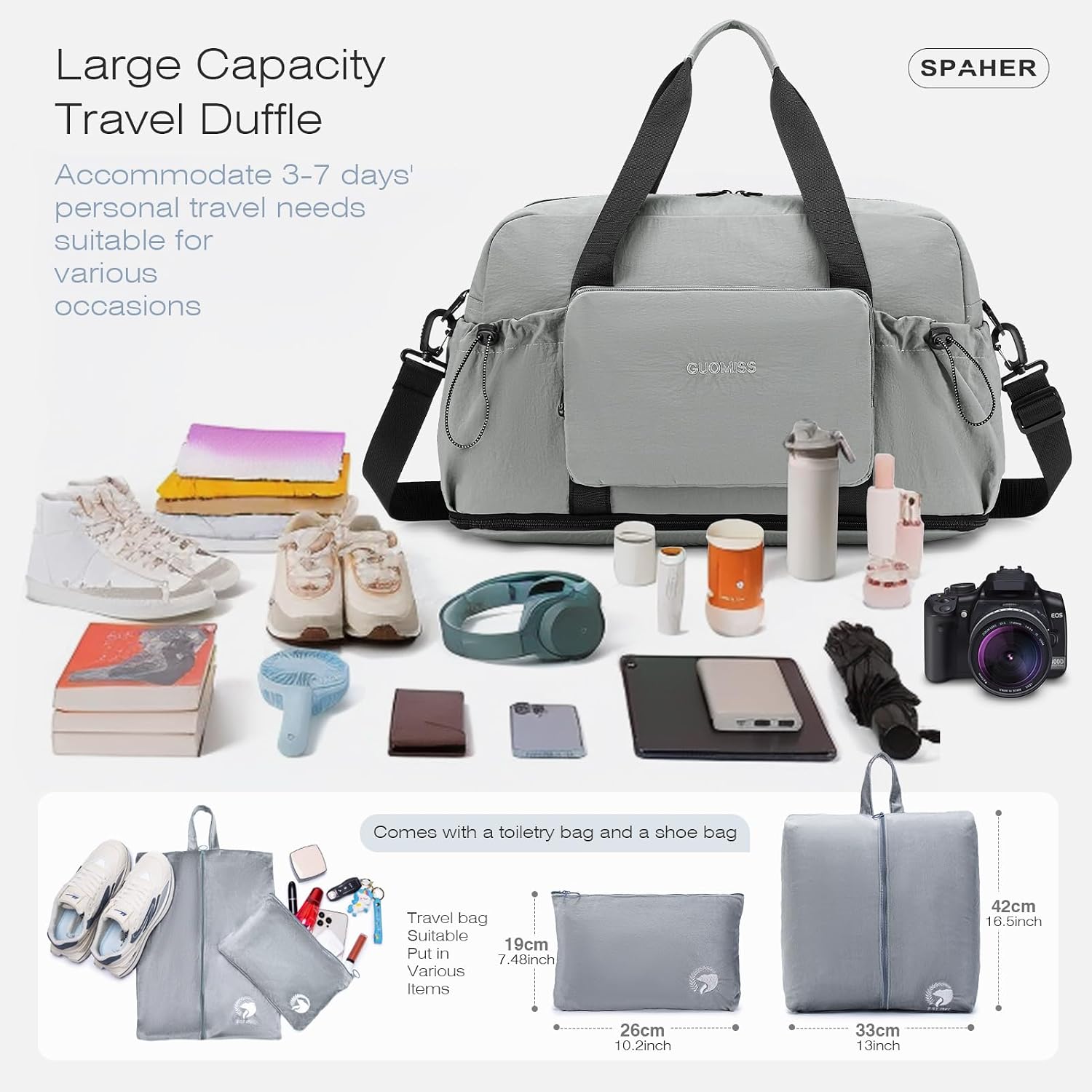Detalle de SPAHER Large Travel Duffle: Foldable Cabin Bag with Wet Pocket and Two Included Toiletry Bags