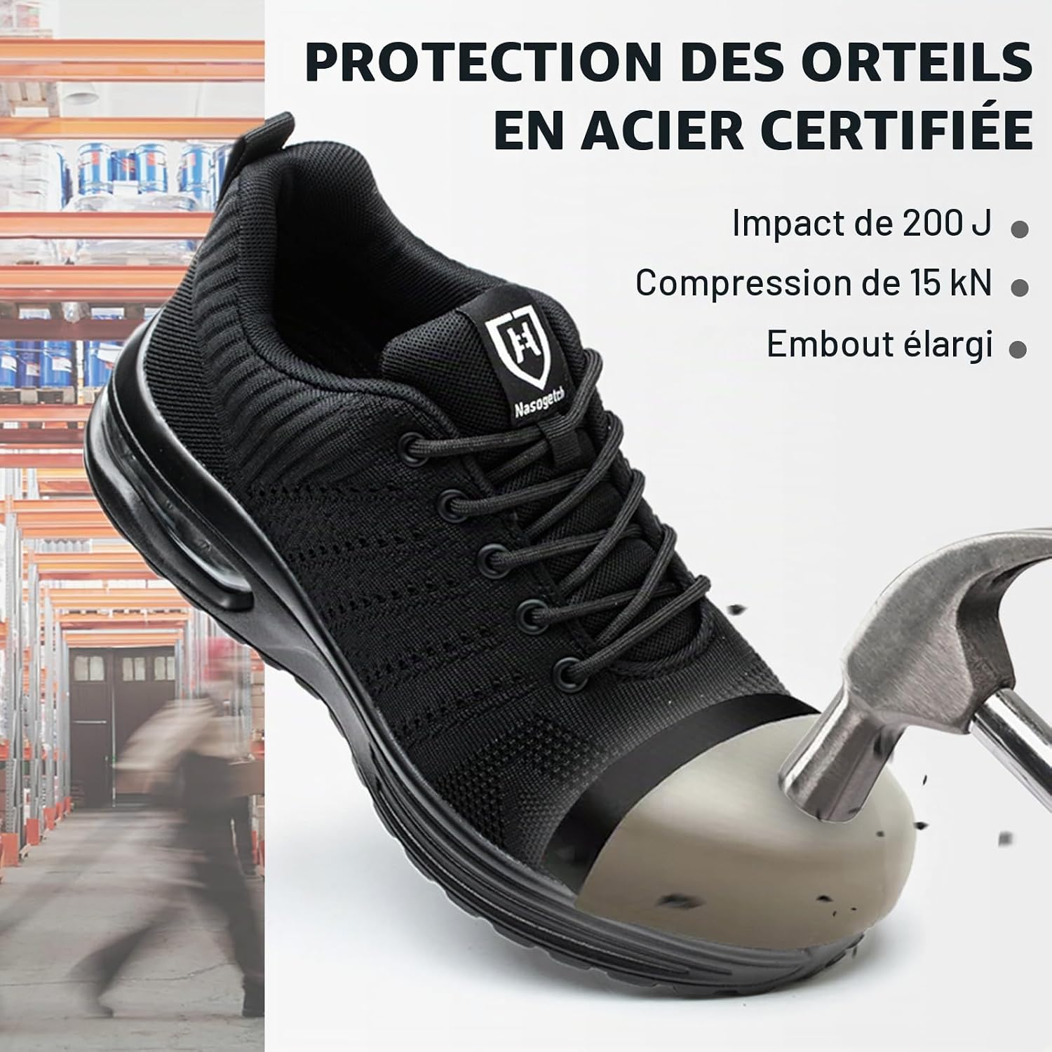 Detalle de Nasogetch Chaussures de Sécurité - Embout acier, confort respirant, noir EU 42