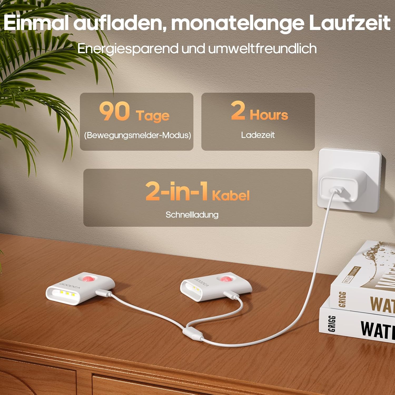 Thumbnail 2 de GOODEA Nachtlicht mit Bewegungsmelder 4 Stück – USB C aufladbar, dimmbar, magnetische Montage, warmweiß, Auto-EIN/AUS