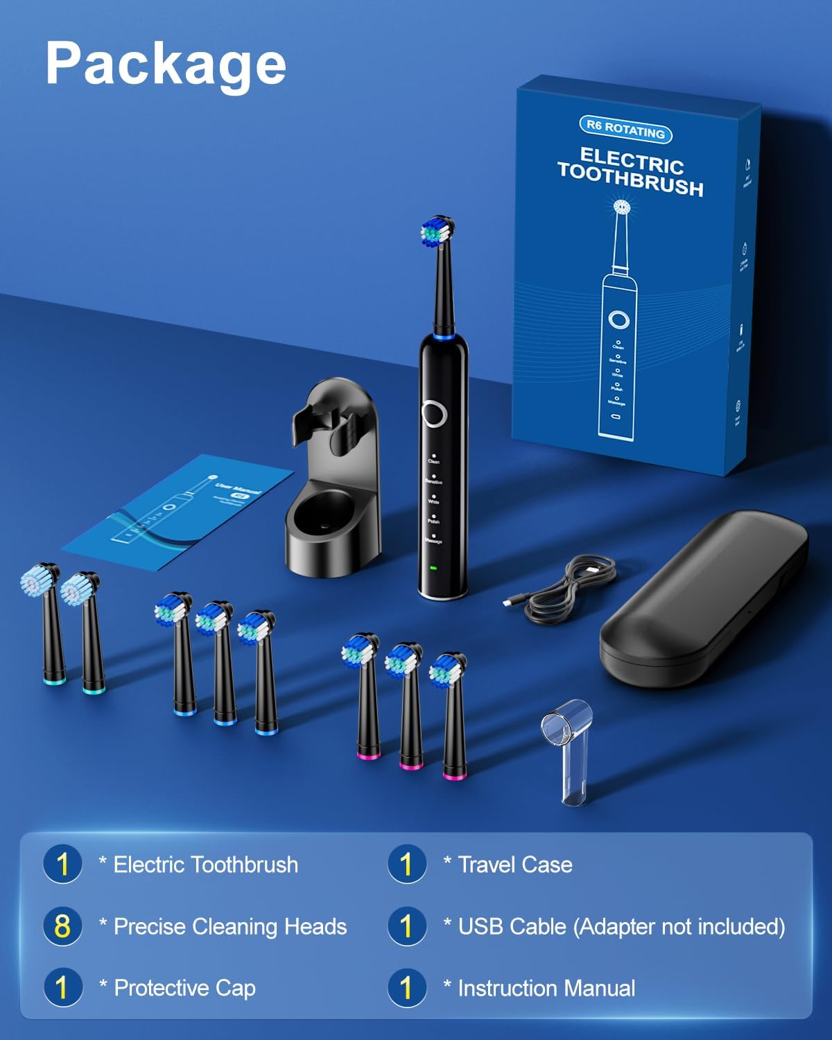 Thumbnail 6 de MCUDKIK Rotating Electric Toothbrush for Adults — 8 Brush Heads, 5 Modes, USB Charging, IPX7, Travel Case