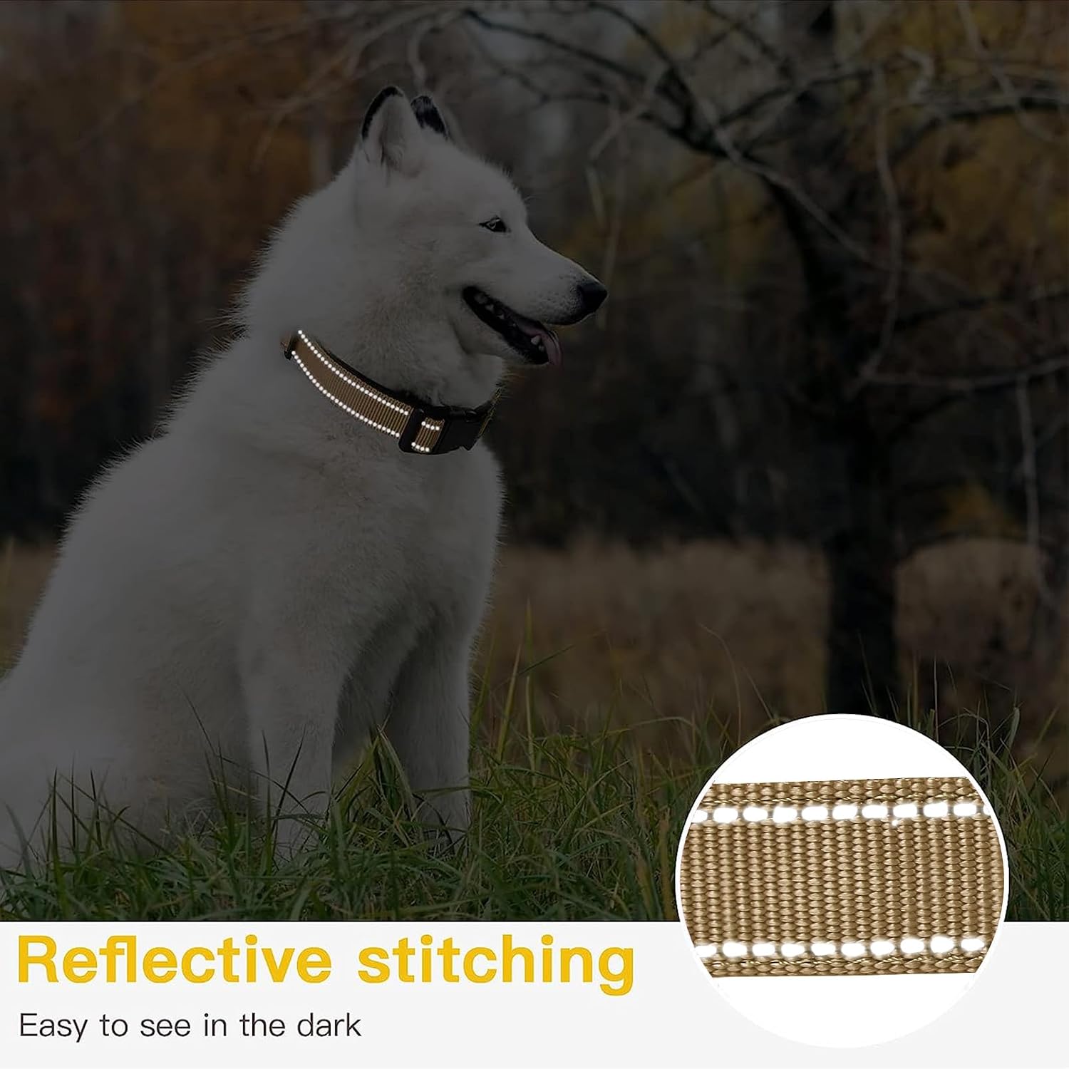 Detalle de HEELE Hundehalsband aus Nylon mit Reflektierendem Band und Neoprenpolsterung – Größe M (34–52 cm), Braun