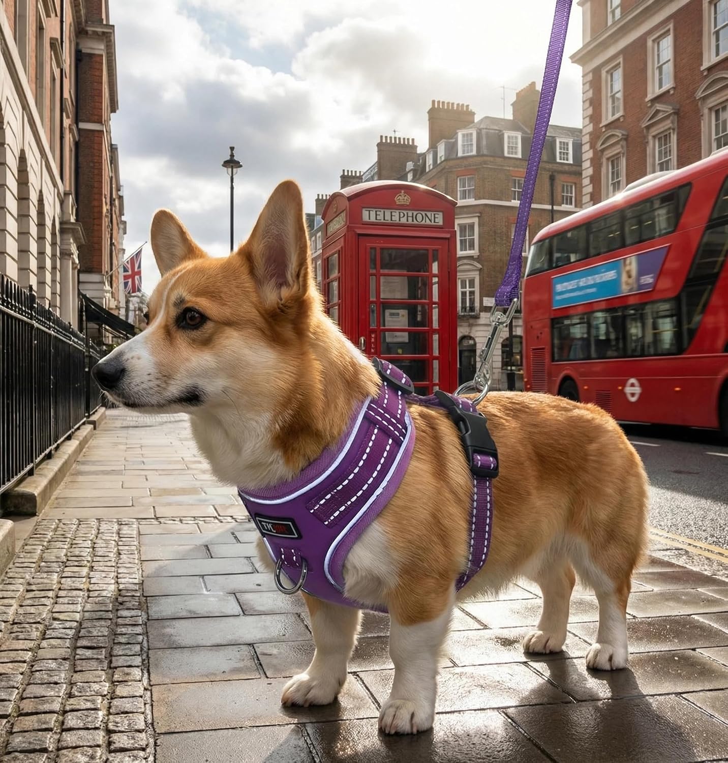 Detalle de THAIN Reflective Dog Harness & Leash Set (No-Pull, Adjustable) – Solid Purple, Size S