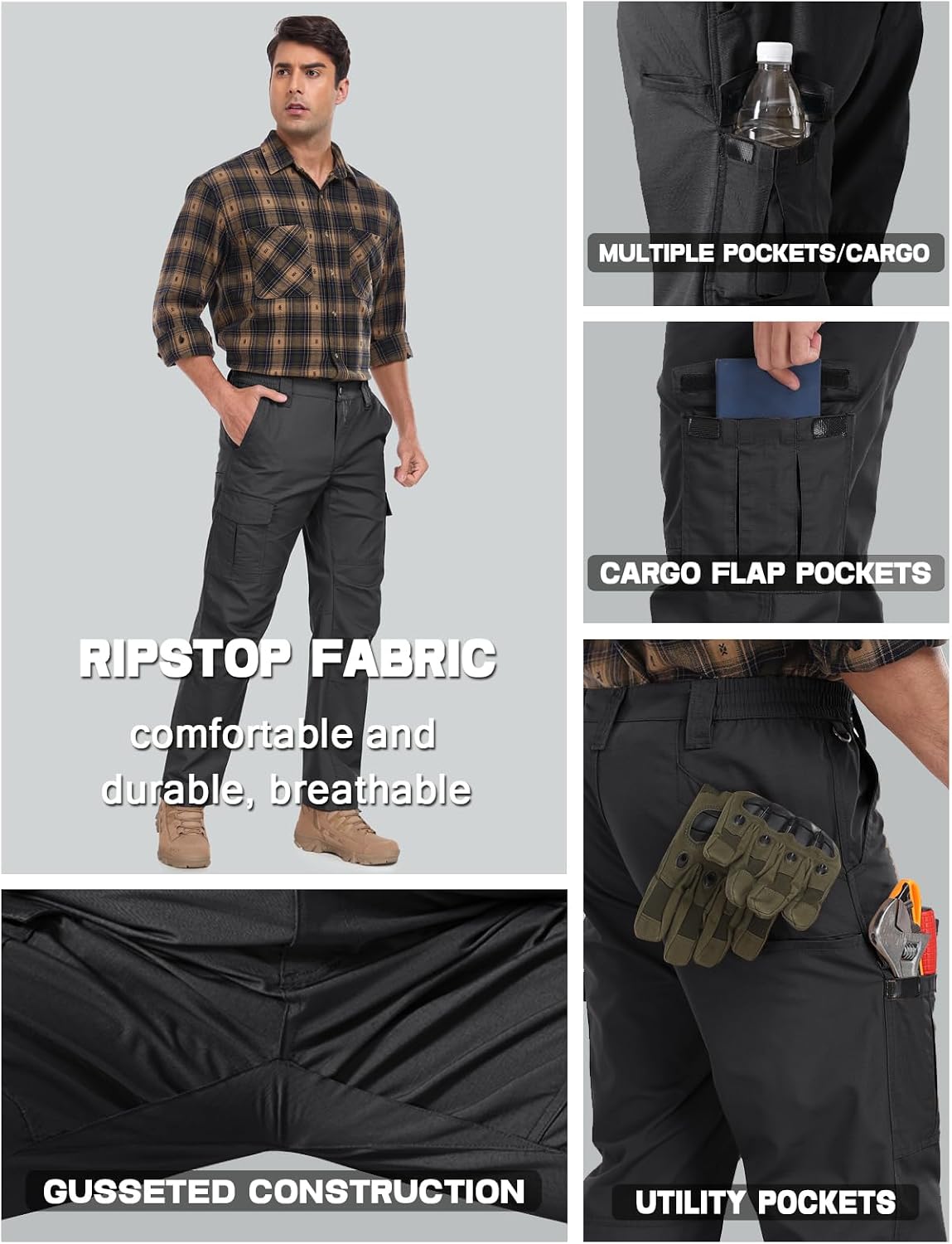 Detalle de Mens Cargo Work Pants Durable Ripstop Tactical Pants with 7 Pockets (Water & Stain Resistant)