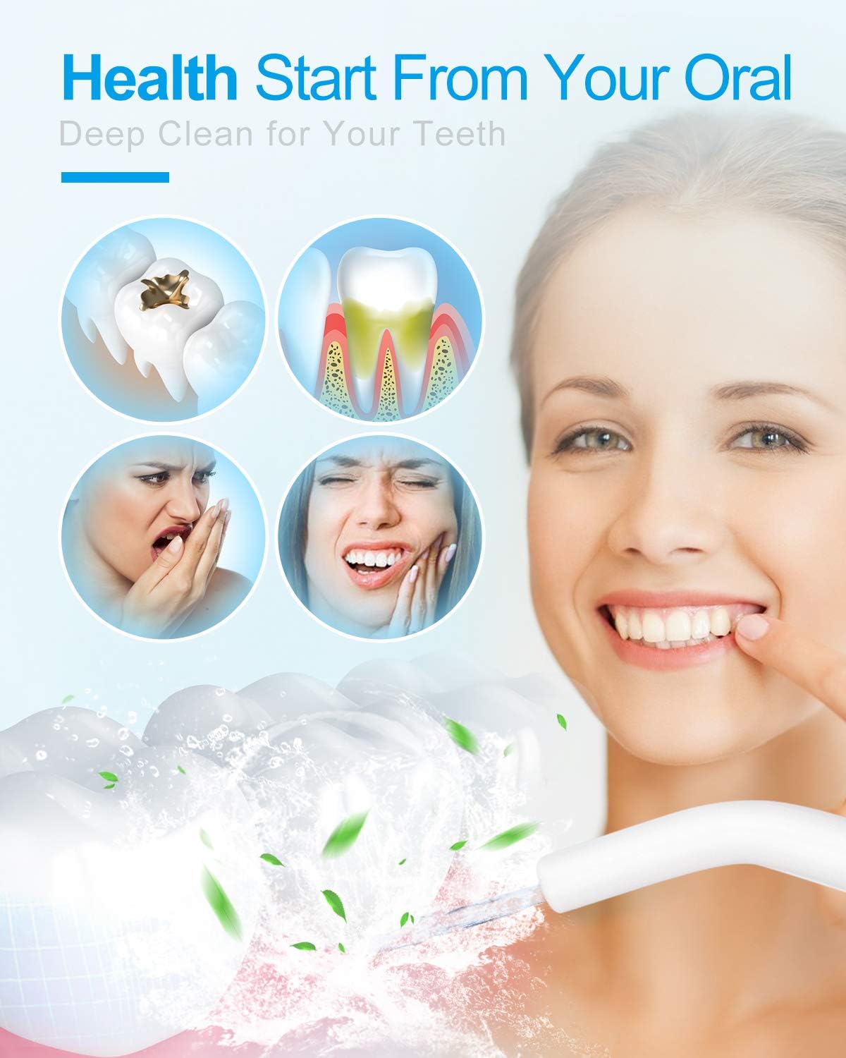 Detalle 2 de Nicefeel Cordless Water Flosser (300ml) with 4 Jet Tips, 3 Modes, USB Rechargeable, IPX7 Waterproof