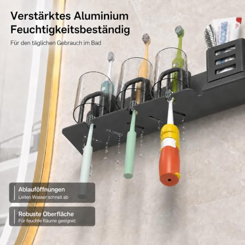 Detalle de KEXIBO Zahnbürstenhalter Wand Ohne Bohren – Aluminium, Klebehalterung für 3 Becher, Bad Organizer Grau