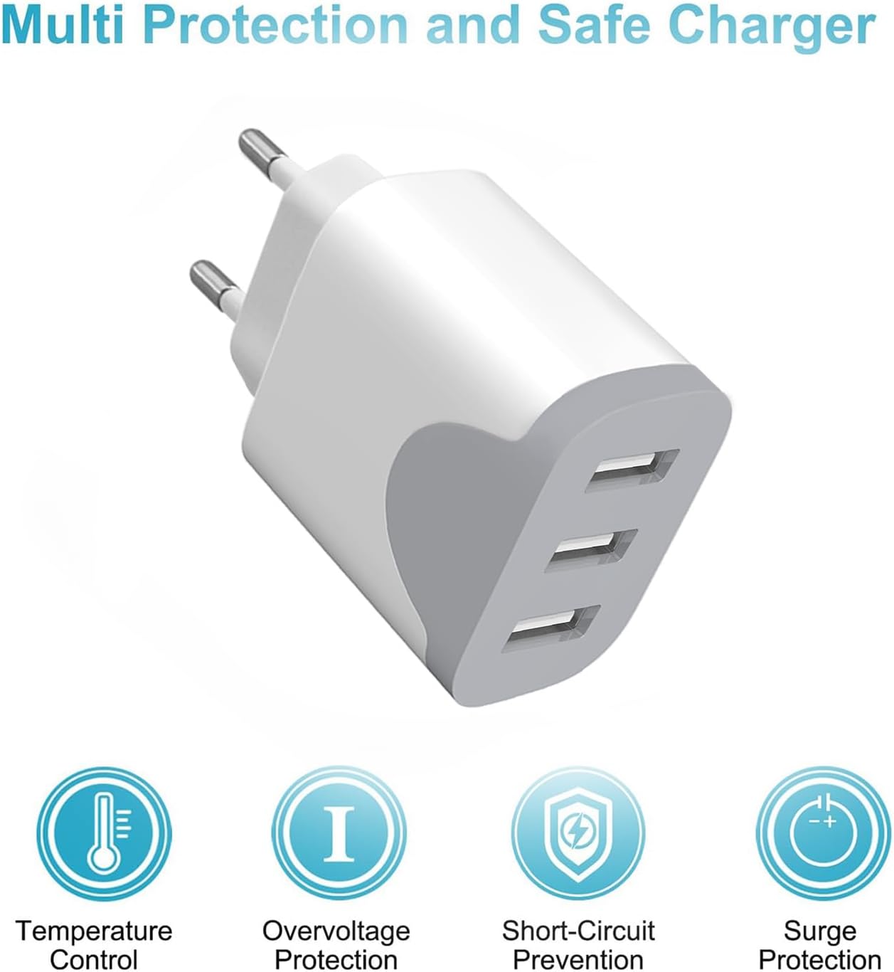 Detalle de Caricatore USB 2Pack a 3 Porte: ricarica rapida e compatibilità universale per iPhone, Galaxy e altro