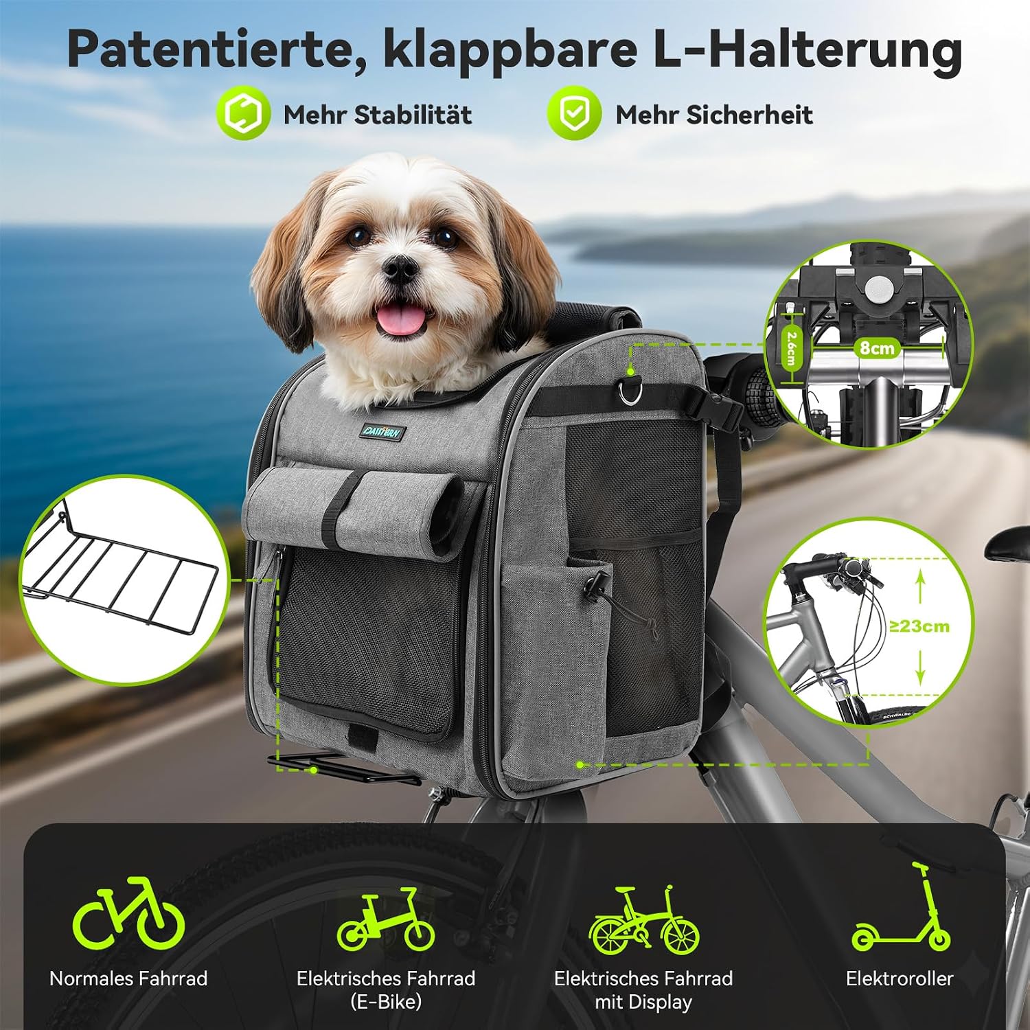 Detalle de DAISTERN Hundekorb fürs Fahrrad vorne mit L-Halterung, faltbar & atmungsaktiv (bis 10 kg)