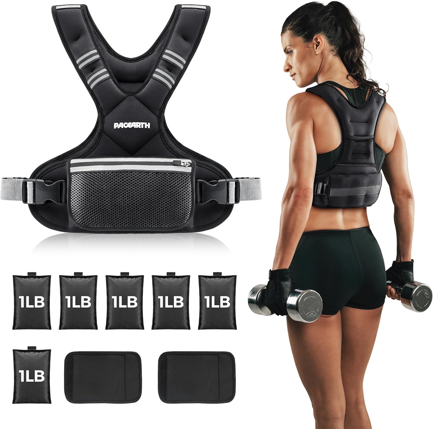 Detalle de PACEARTH Adjustable Weight Vest (4–10 lbs to 32 lbs) with X-Shape Design, Zipper Pouch & 6 Weight Packs