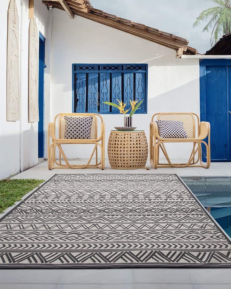 Detalle de MontVoo Weave Textured Boho Outdoor Rug, 6' x 9' Flatweave with Rubber Backing