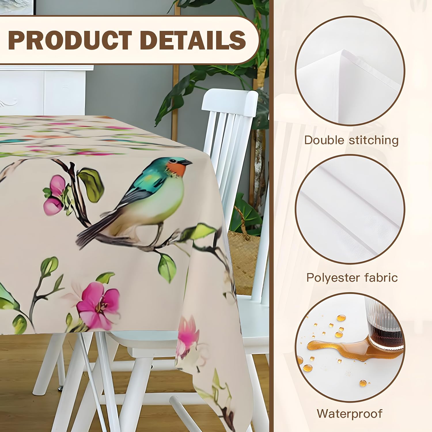Detalle de artslion Rectangle 60x84in Tablecloth – Birds on Branches, Wipe-Clean Outdoor Cover