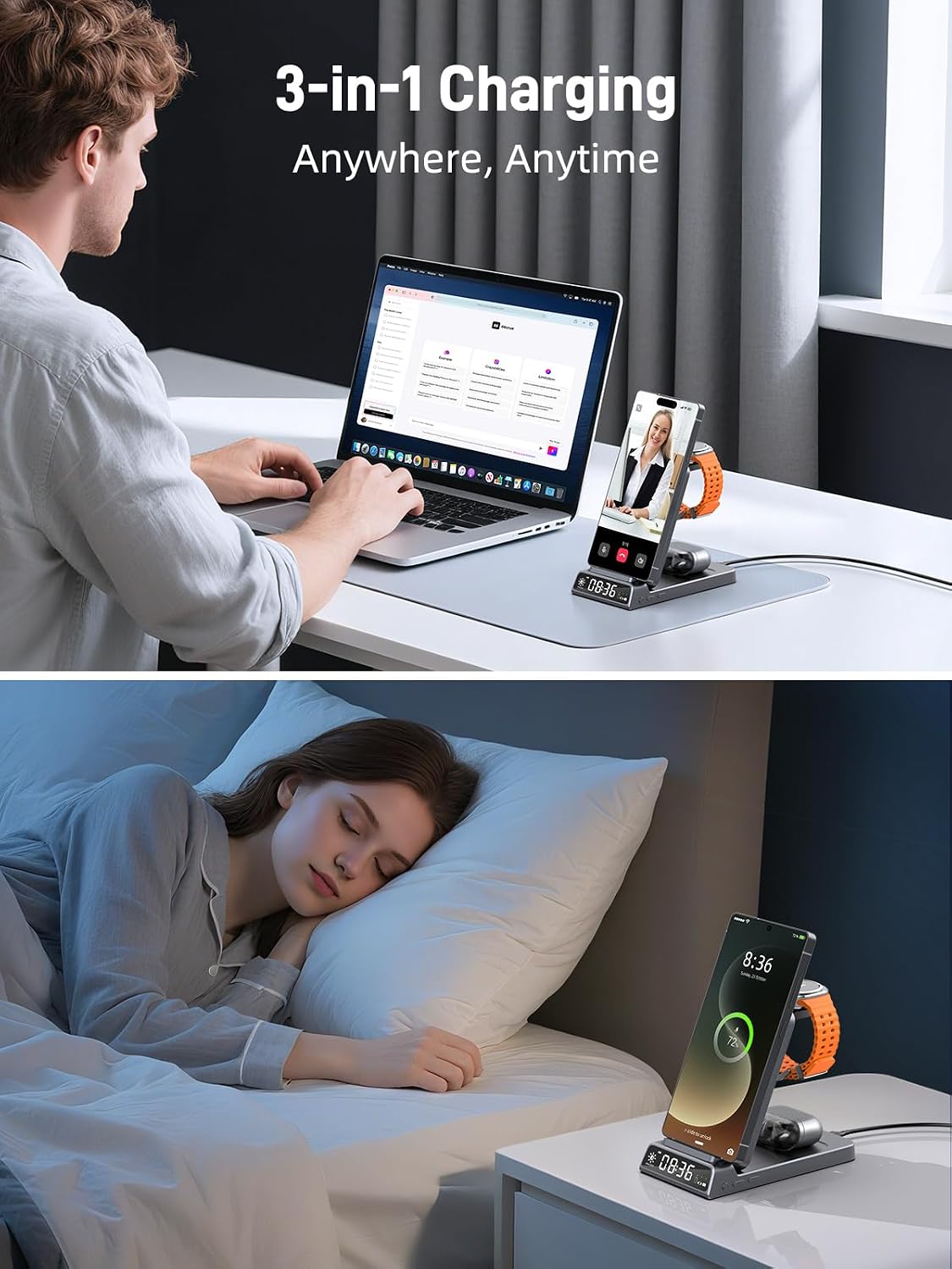 Thumbnail 6 de Drahtloses 3-in-1 Ladegerät für Samsung Ladestation mit Uhr (faltbar, grau) für Galaxy S25 Ultra/S24, Watch 8–5 Pro & Galaxy Buds