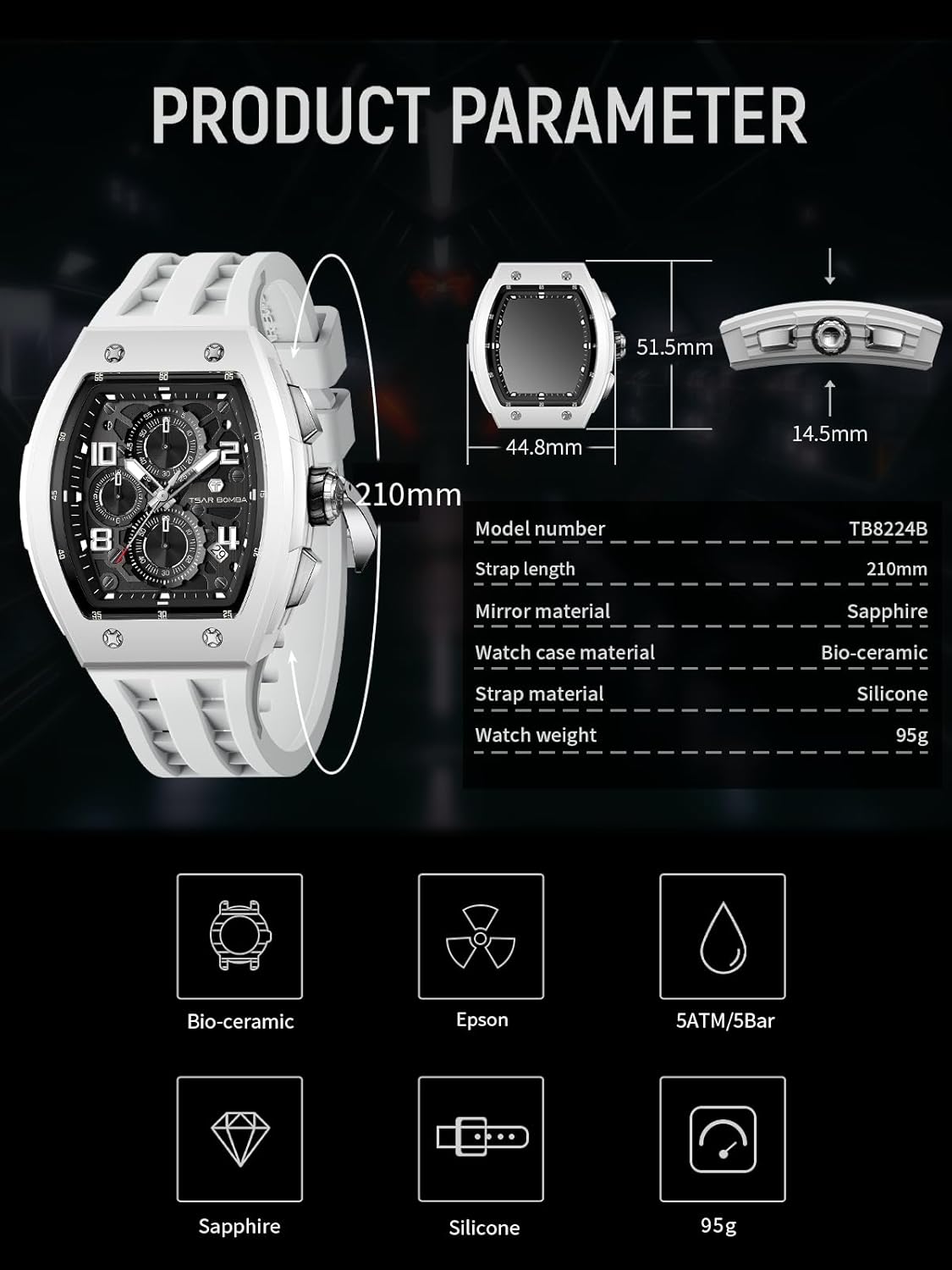 Detalle 2 de TSAR BOMBA Herrenuhr 8224/8204 – Chronograph, Saphirglas, Silikonarmband