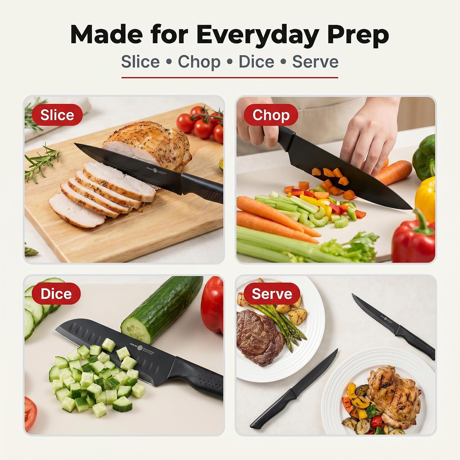 Detalle de NULAS GD-20 15-Piece Kitchen Knife Set with Block and Built-In Sharpener