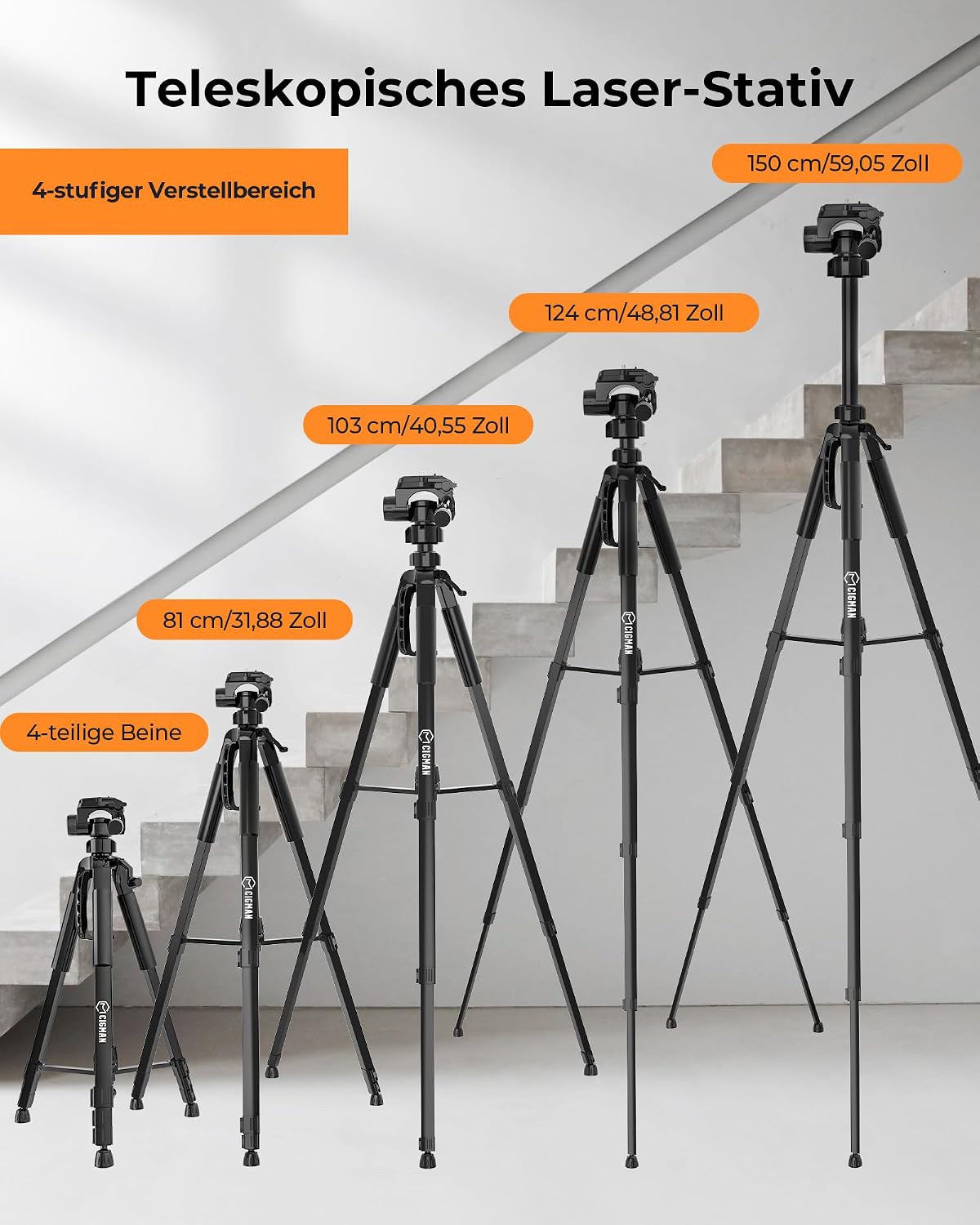 Detalle de Stativ Laser, CIGMAN 1,5m – Aluminiums-Verstellstativ mit 3‑Wege-Schwenkkopf, Blasenebene und Adapter–CTP01