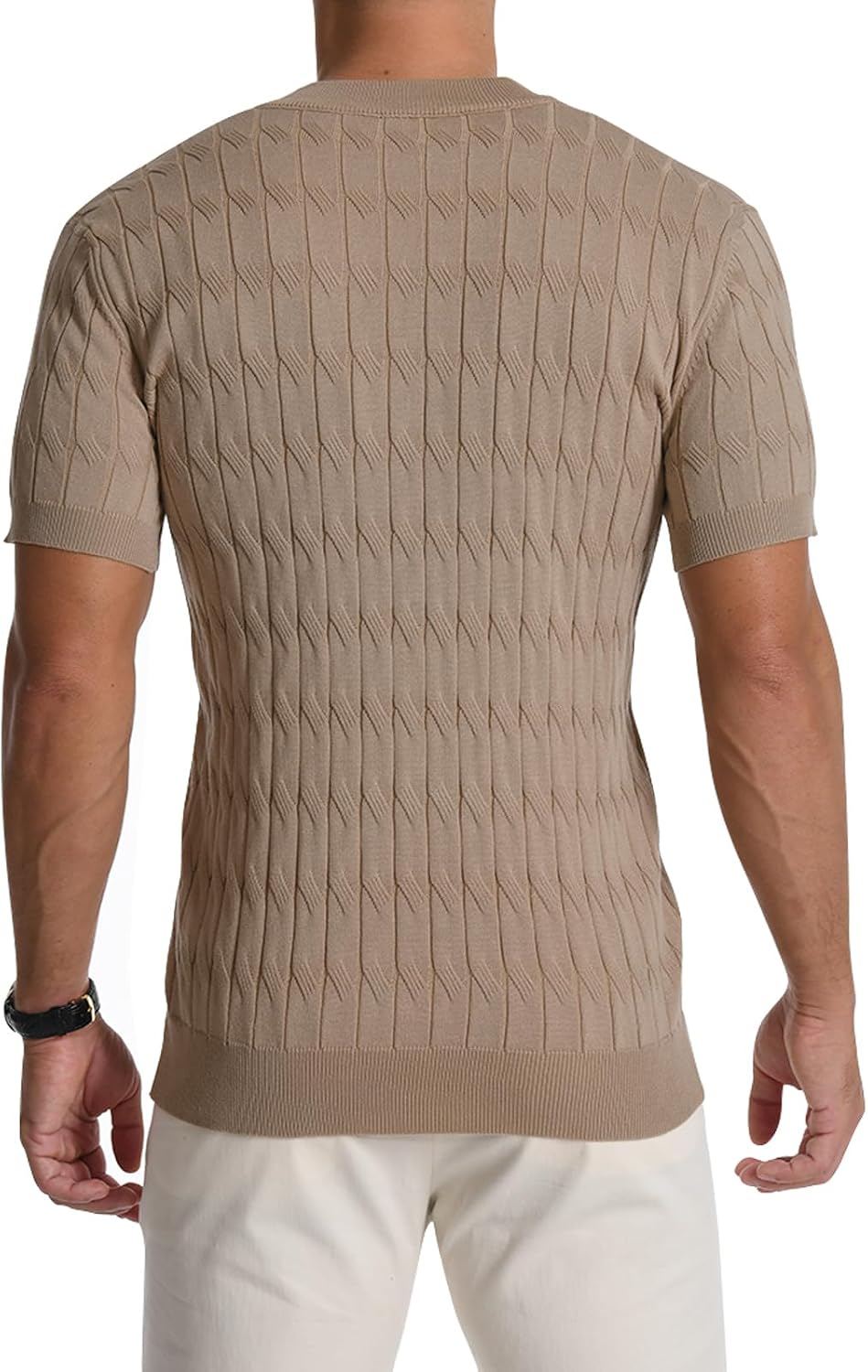 Detalle 2 de MLANM Men’s Knitted Henley T-Shirt (Short Sleeve, Slim Fit) – Lightweight summer polo style