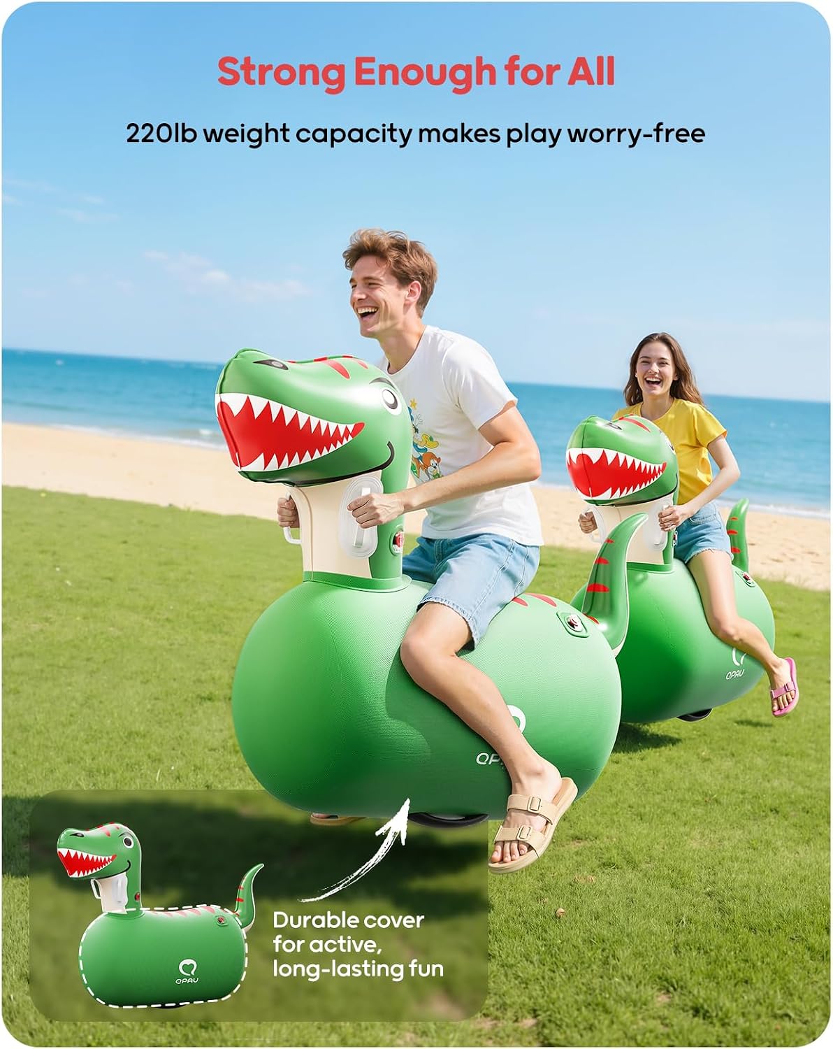 Detalle de QPAU Inflatable Bouncy Dinosaur (2 pcs) with Hand Pump – heavy duty hopping animal hopper, for ages 5+