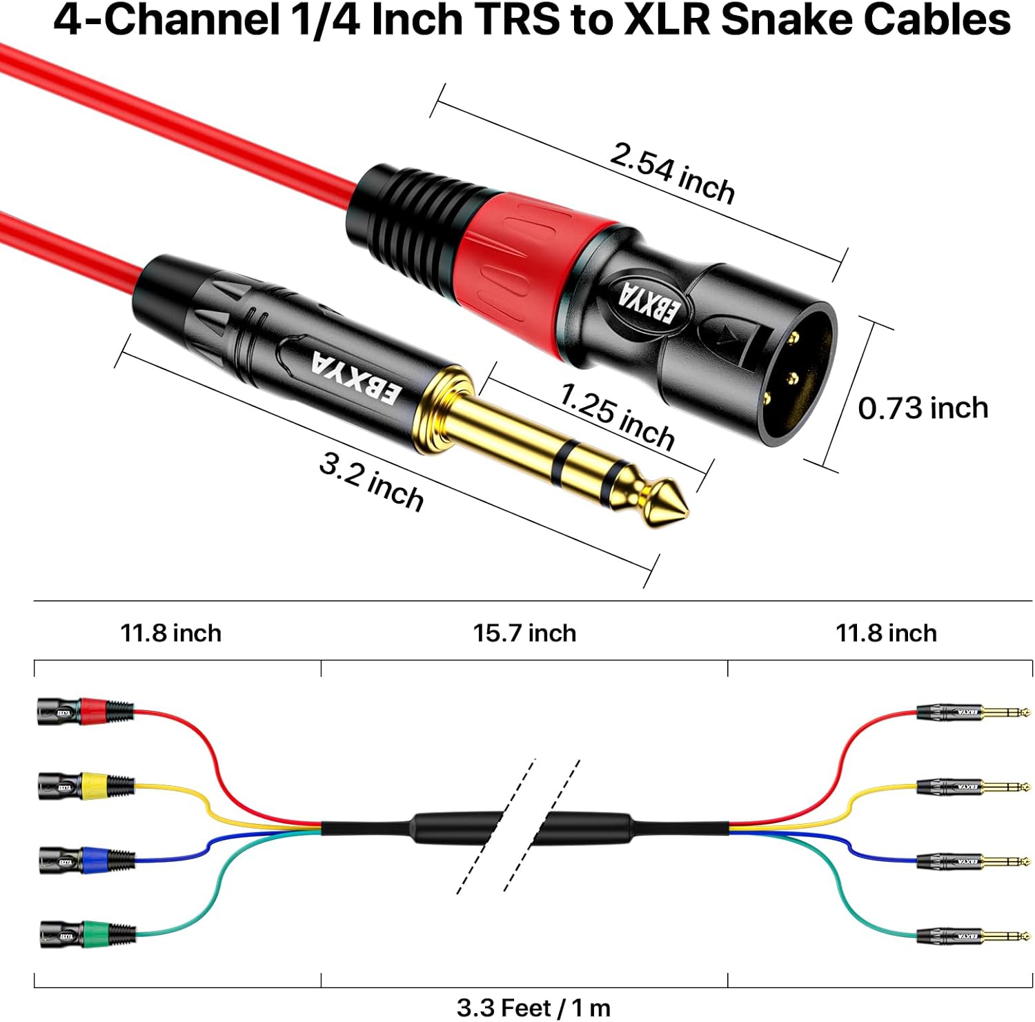 Detalle de EBXYA 4-Channel XLR Male to 1/4-Inch TRS Snake Cable, 3 Feet