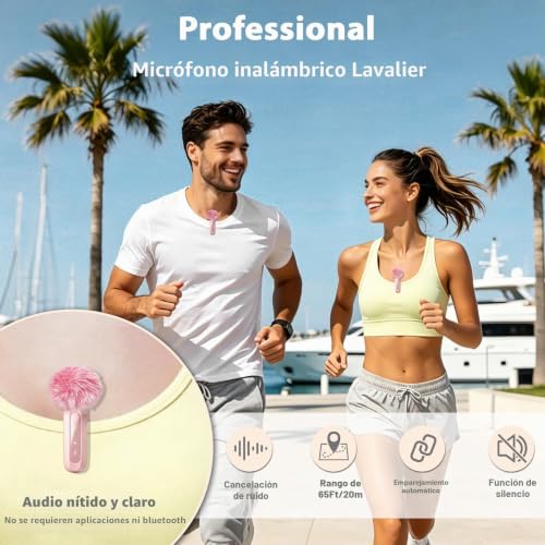 Detalle 2 de Uewpv Micrófono Lavalier Rosa para iPhone y USB-C con Pantalla LED y Clip Giratorio