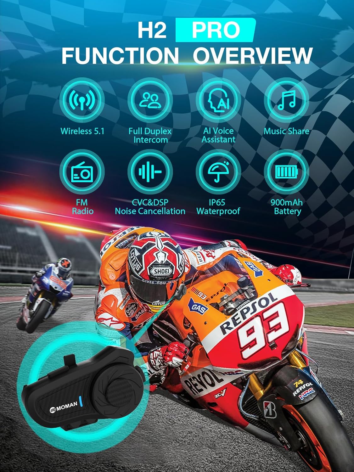 Detalle 2 de Moman H2Pro Motorcycle Headset – Universal Pairing, 2-Way Intercom, 1000m Range