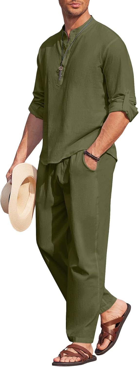 Thumbnail 4 de COOFANDY Men’s 2-Piece Cotton Linen Henley & Beach Pants Set