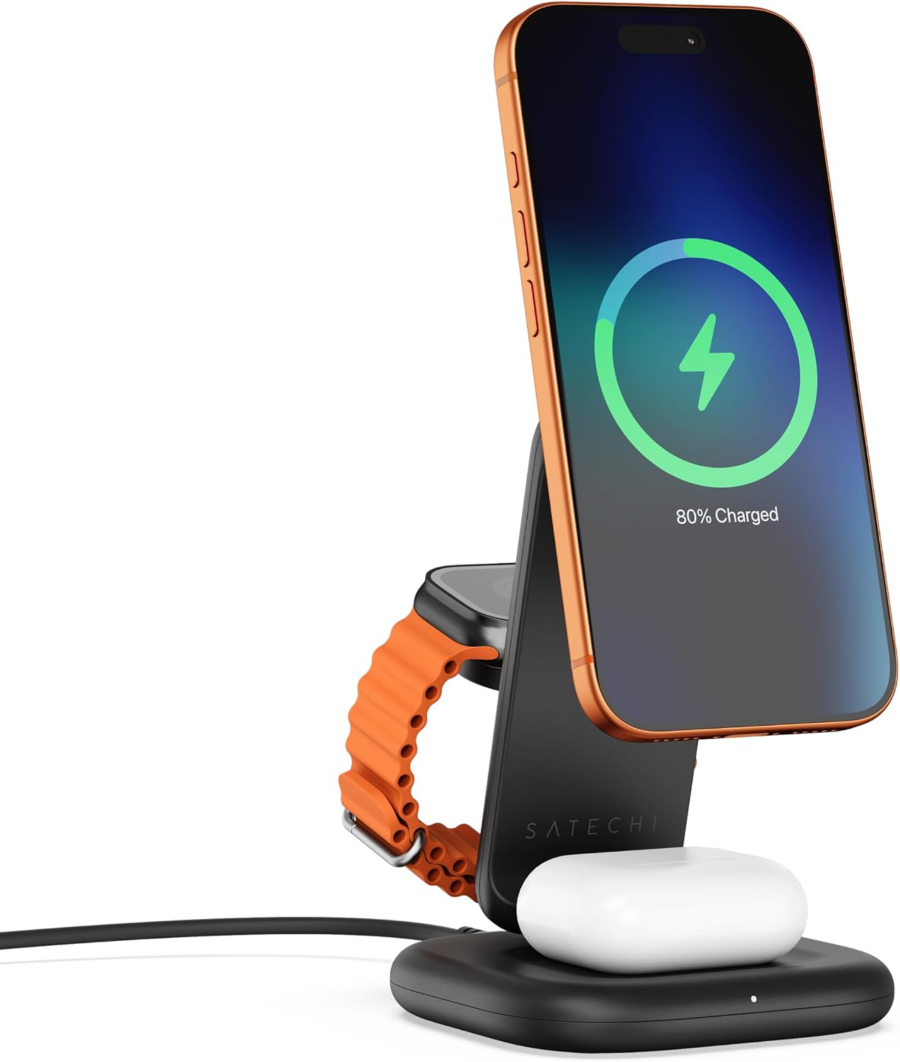 Detalle de Stazione di Ricarica Wireless 3 in 1 Qi2 di SATECHI: ricarica MagSafe, Apple Watch e AirPods in un unico dock pieghevole