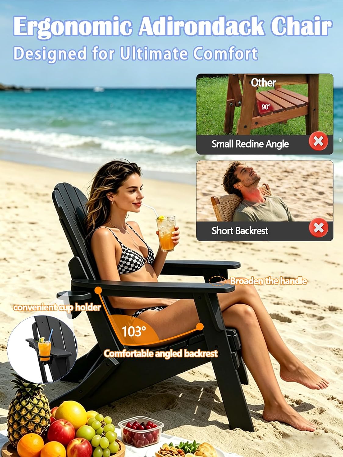 Detalle de UCMDA HBY-502 Folding Adirondack Chair, Black HDPE with Cup Holder