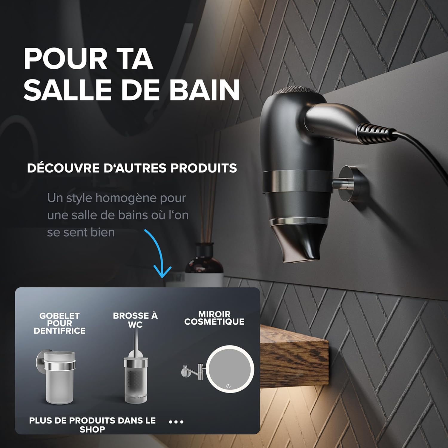 Thumbnail 6 de ovimar Porte-sèche-Cheveux Ronne — Acier Inoxydable et Rembourrage EVA, montage mural
