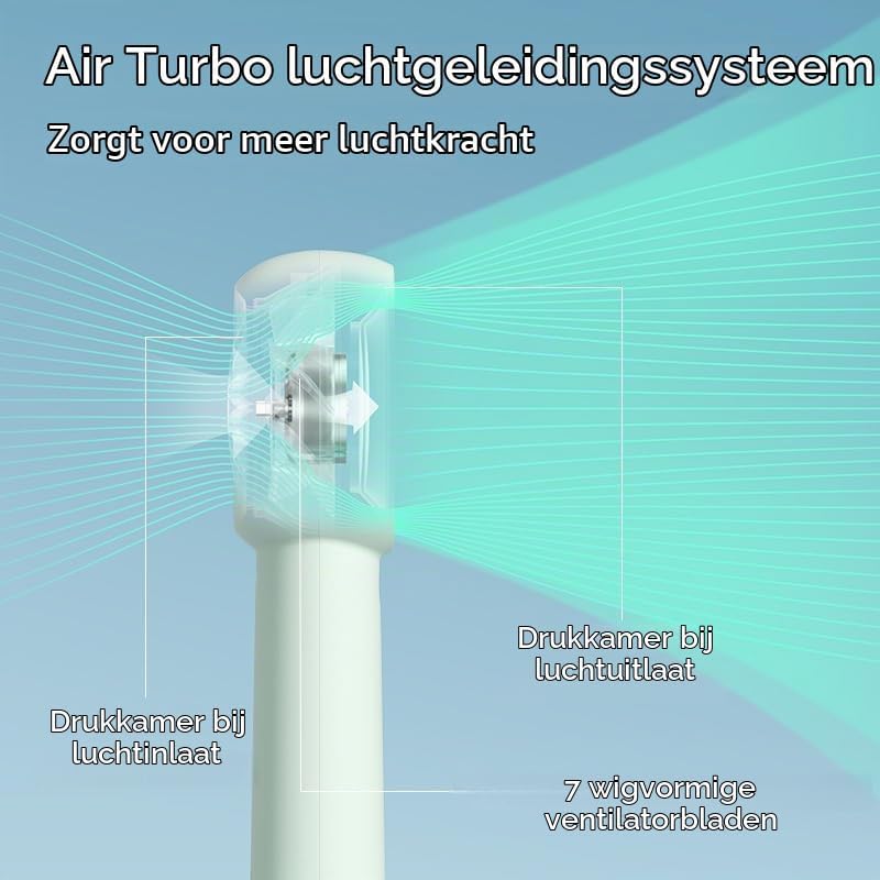 Detalle 2 de JISULIFE FA43 Turbo-handventilator, 4000 mAh, 5 standen, USB-C, groen