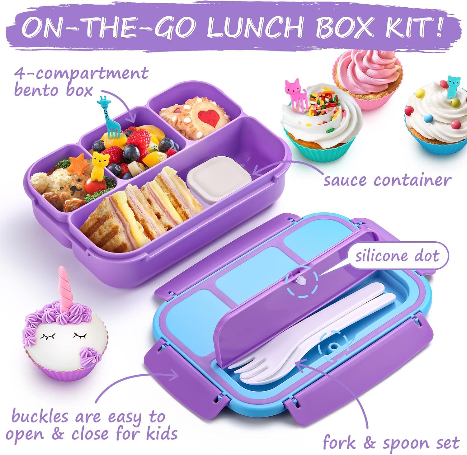 Detalle de QQKO Bento Lunch Box for Kids — 4-Compartment Lunch Container with Accessories, Purple