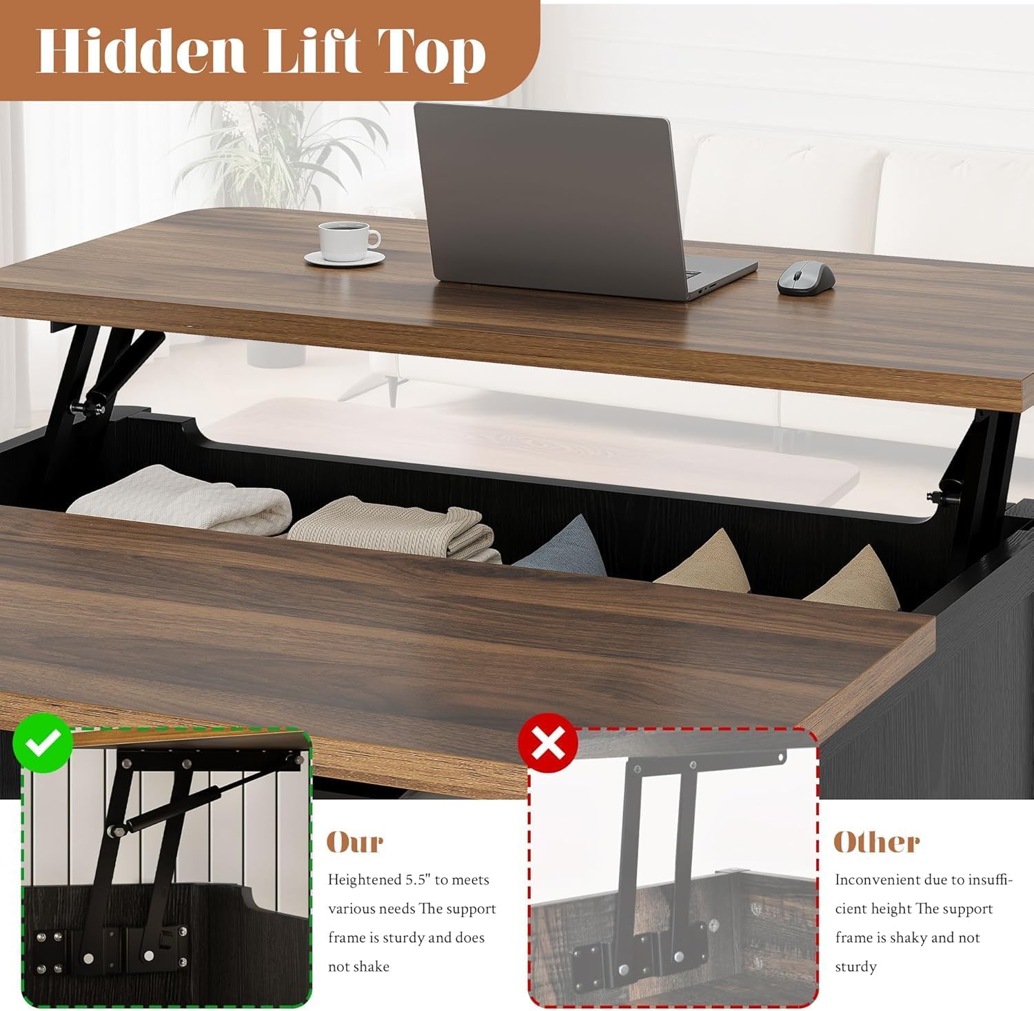 Thumbnail 3 de Decofy Lift-Top Coffee Table with Walnut Top