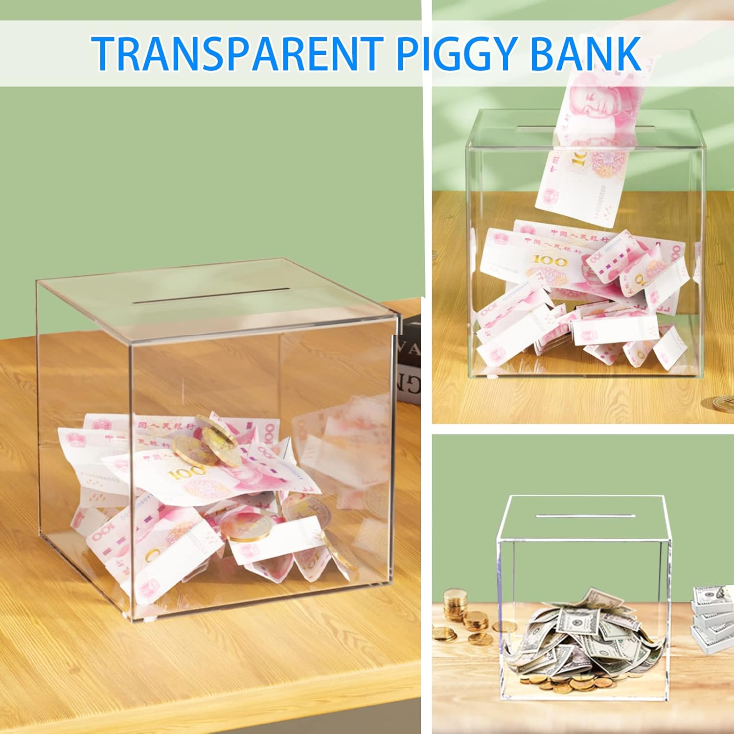 Thumbnail 5 de Clear acrylic money box for adults and kids – unopenable square piggy bank (12x12x12cm)