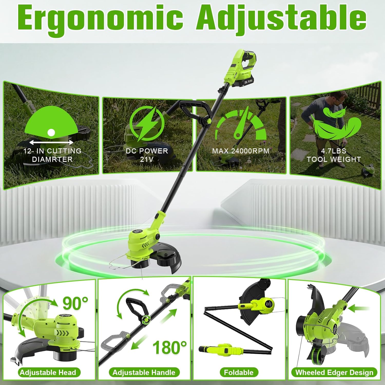 Thumbnail 5 de VOERJIA Cordless Grass Trimmer 21V (30cm) with 2 Batteries & Auto Line Feed, 2-in-1 Edger (Pro Edition LCD)