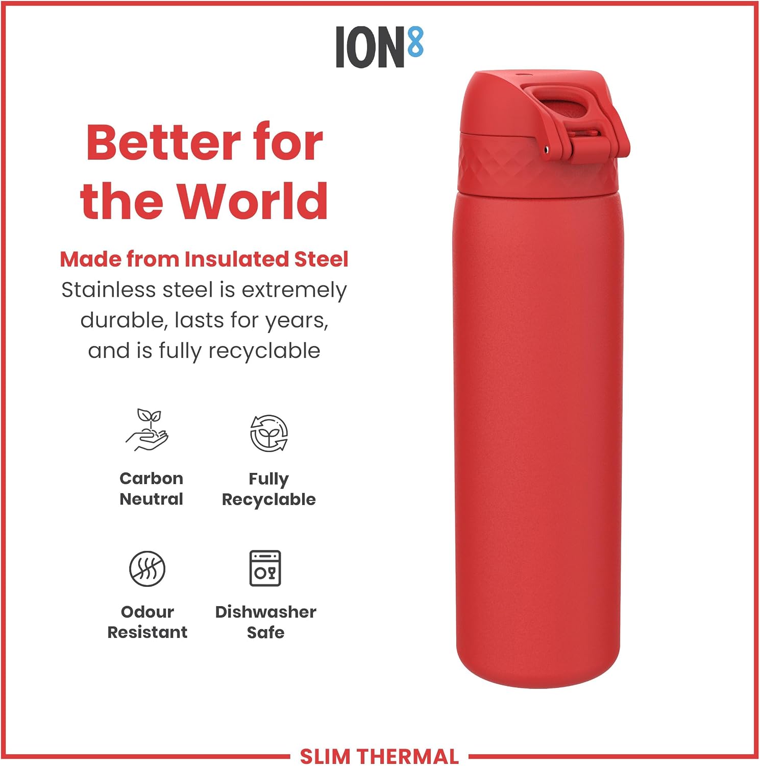 Detalle de ION8 Vacuum Insulated Steel Water Bottle, 500 ml/17 oz – Leak‑proof, easy to open, and dishwasher safe