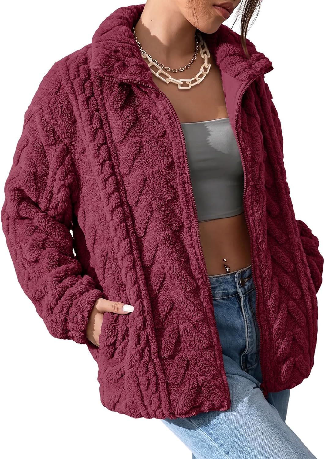 Detalle de Dokotoo Women's Winter Fleece Jacket with Zip Front, Stand Collar and Pockets