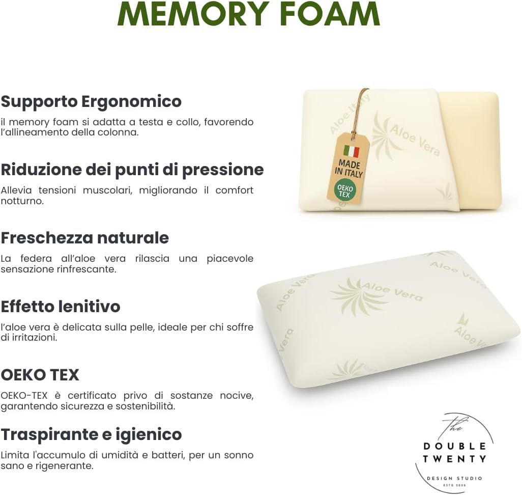 Detalle de The Double Twenty – Cuscino Memory Foam a Saponetta da 12 cm con Federa Aloe Vera, supporto cervicale ed ortopedico