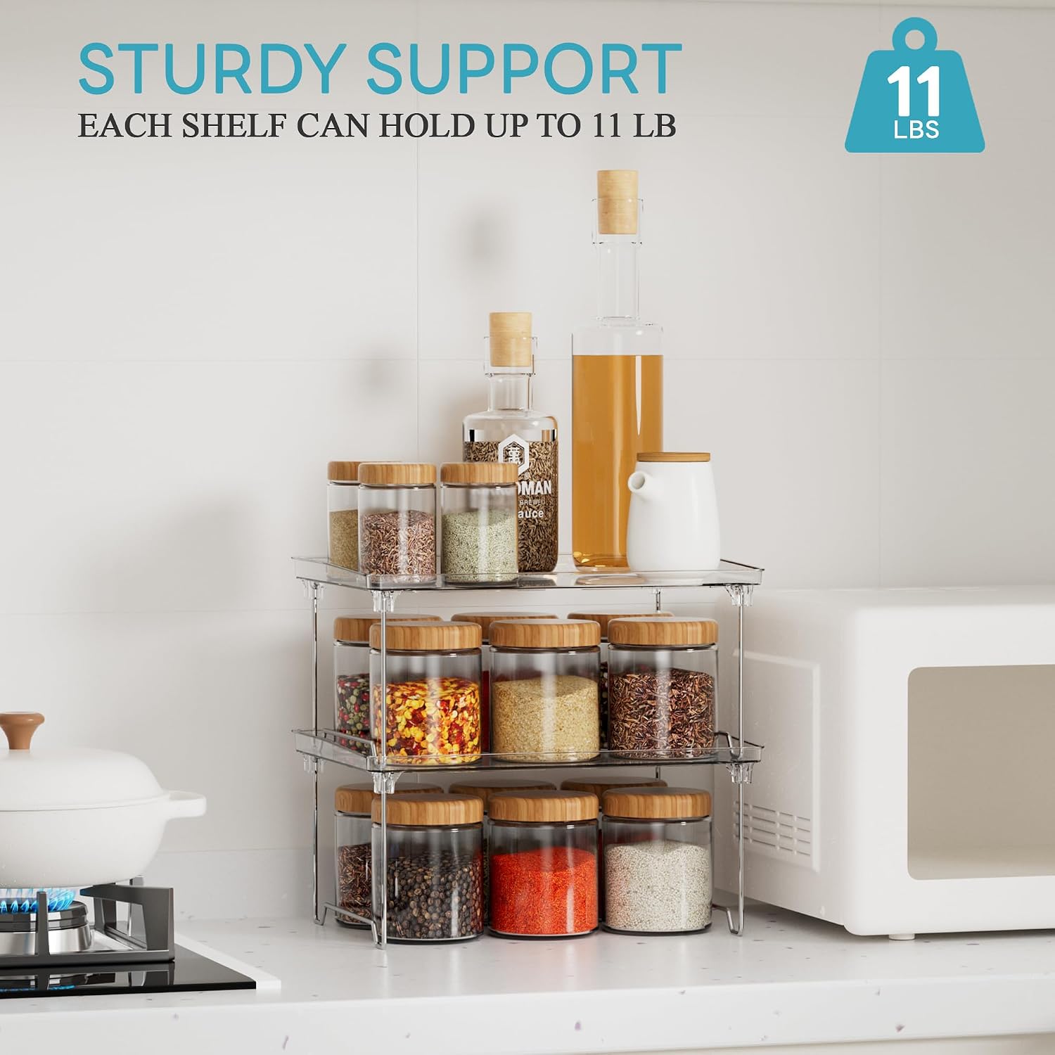 Detalle de STARLATTA 2 Pcs Cabinet Organizer Shelf: Stackable, Clear PET & Stainless Steel Shelves for Kitchen, Bathroom, and More