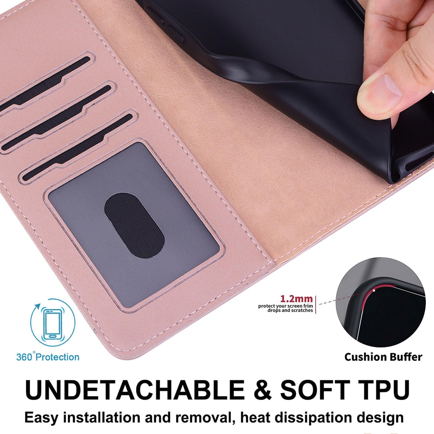 Detalle de Nbziyoo Handyhülle für iPhone 16 Klappbar: Flip Wallet Case mit Kartenfach, Magnetverschluss und Standfunktion – Rosa