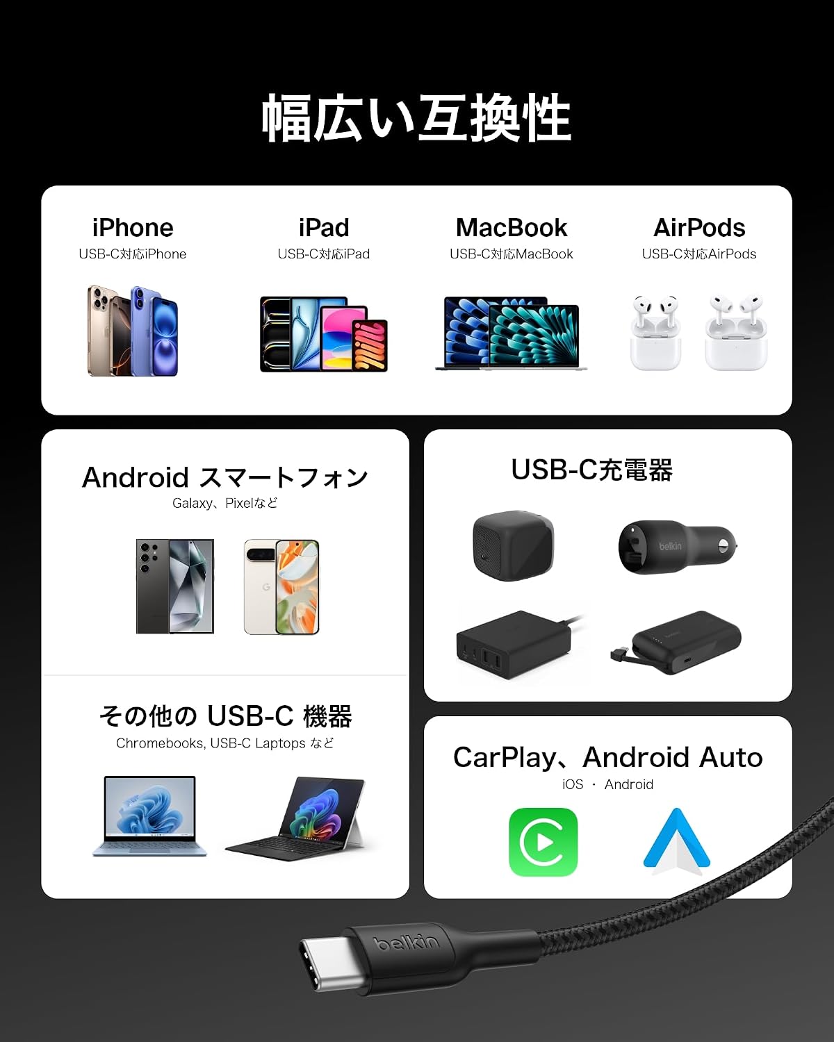 Thumbnail 6 de Belkin BoostCharge CAB025fq2MBK USB-Cケーブル 2m・最大240W PD 3.1対応、編み込みブラック
