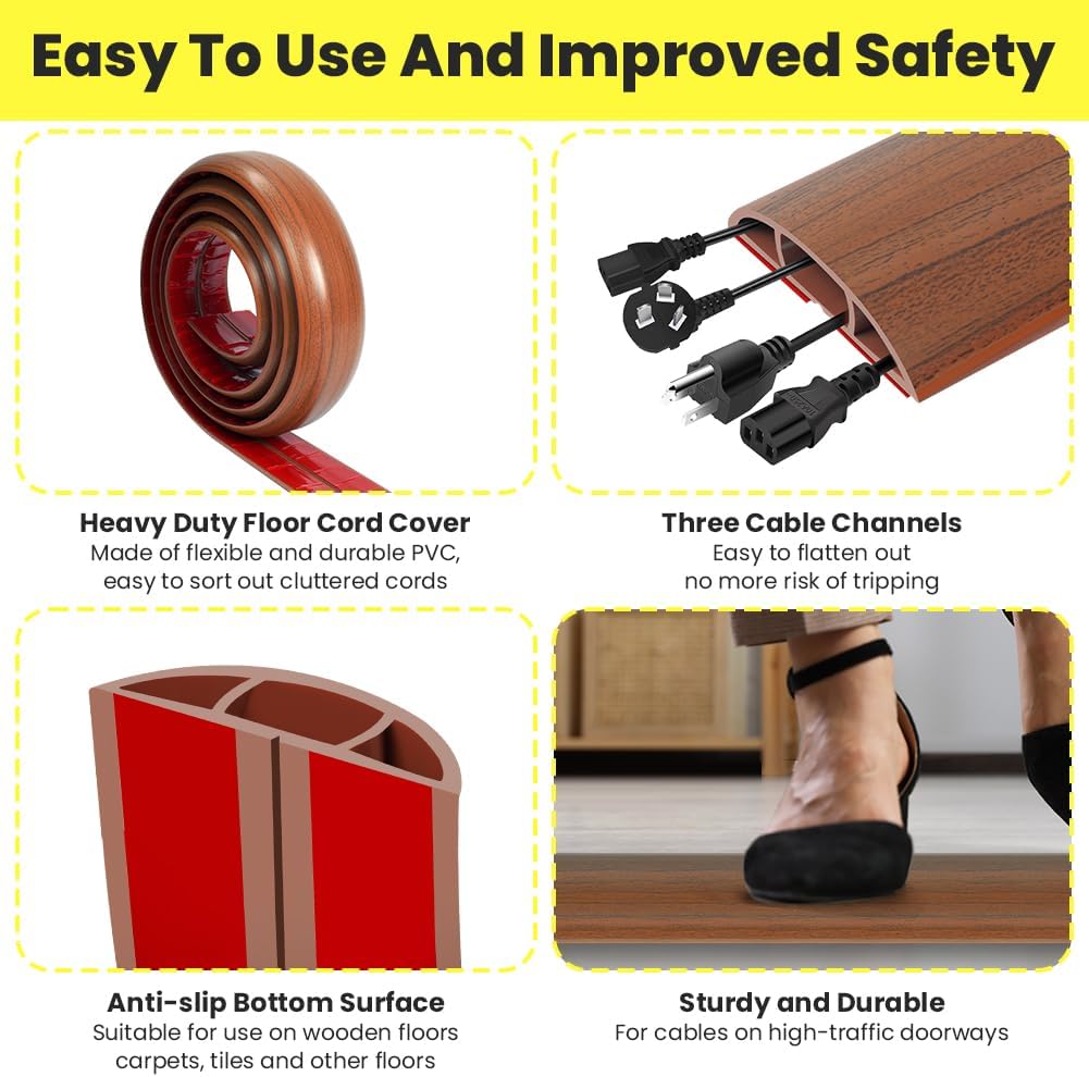 Thumbnail 2 de Adiwo Protezioni per Cavi a Pavimento 2M con 3 Canali – Passacavo in gomma calpestabile, Noce