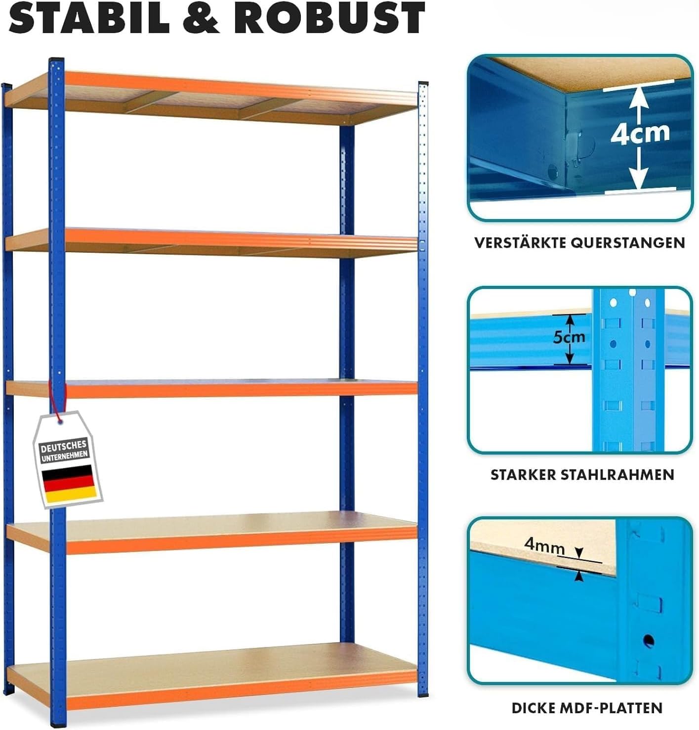 Thumbnail 2 de KARAT Schwerlastregal Steckregal – stabil, flexibel und schnell montiert (Blau-Orange, 180 x 90 x 60 cm)