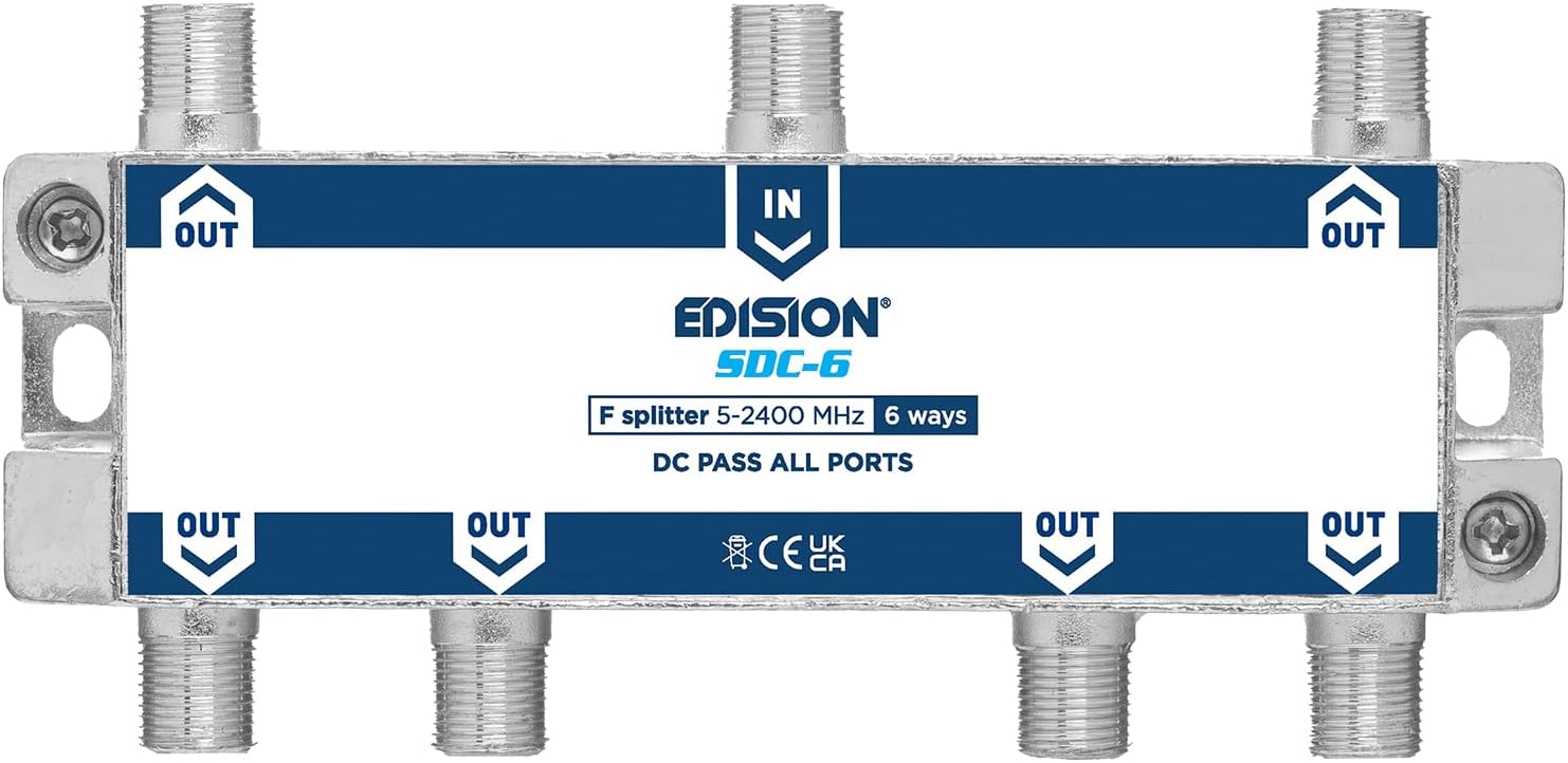 Detalle de Edision SDC-6 TV-splitter med sex utgångar, F-kontakter och DC-pass