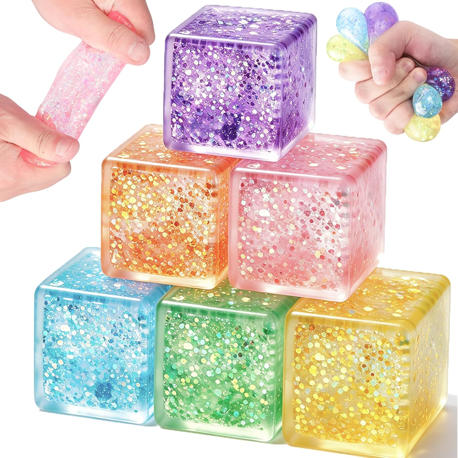 Detalle de KHXAIMJ Sqt-001 Ice Cube Squishy Stress Balls, 6-Pack Glitter Fidgets